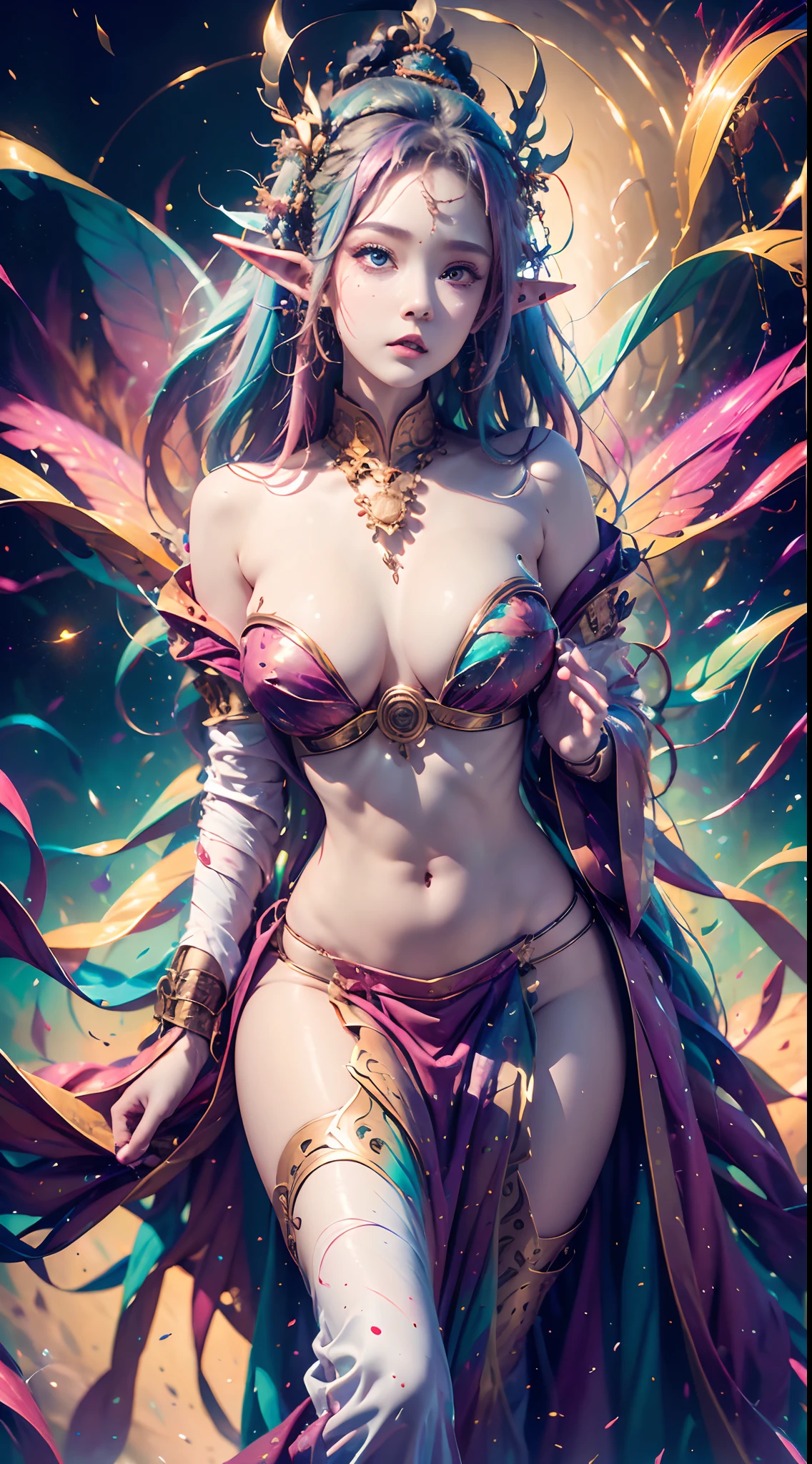 ( Absurd, High quality, Ultra-detailed, Masterpiece, concept-art, smooth, high detail artwork, Hyper-realistic painting , high resolution, paint splatter, colored splashing, Splash of Ink, colored splashing), (( Rainbow hair)),elf, Plum elf, plum , Transparent fairy wings, wearing only his underwear，huge tit，low chest，fairytale-like, Romantic, Vivid, Whole body,hand behind back，Malu，largeeyes，（Eye focus），Cosmic eyes，Space eyes，looking to the camera，In nature with waterfalls，PureErosFace_V1，Urzang-6500-V1 Edition.1，