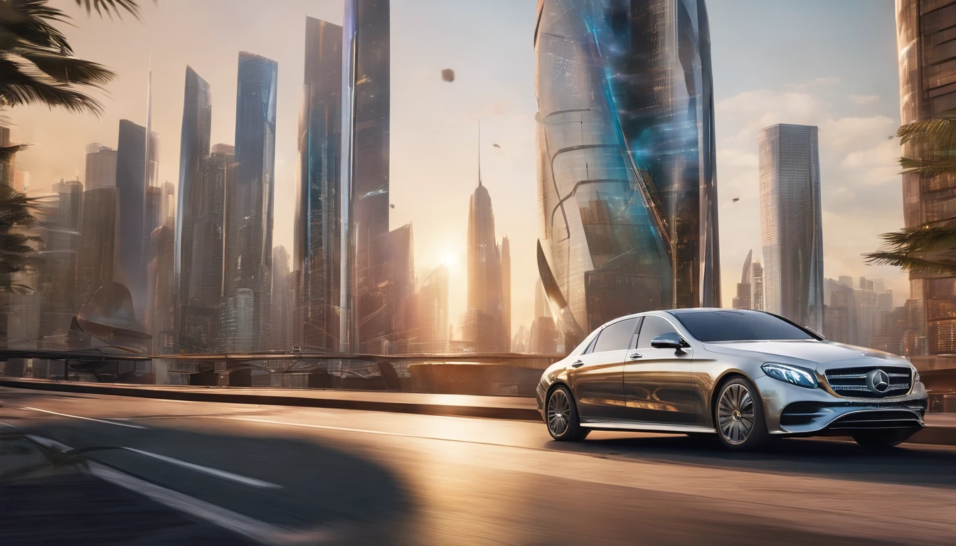 Futuristic Mercedes Car driving through a futuristic metropolis filled 3D digital billboards and skyscrapers, golden hour, award winning photography, ultra realistic, highly detailed