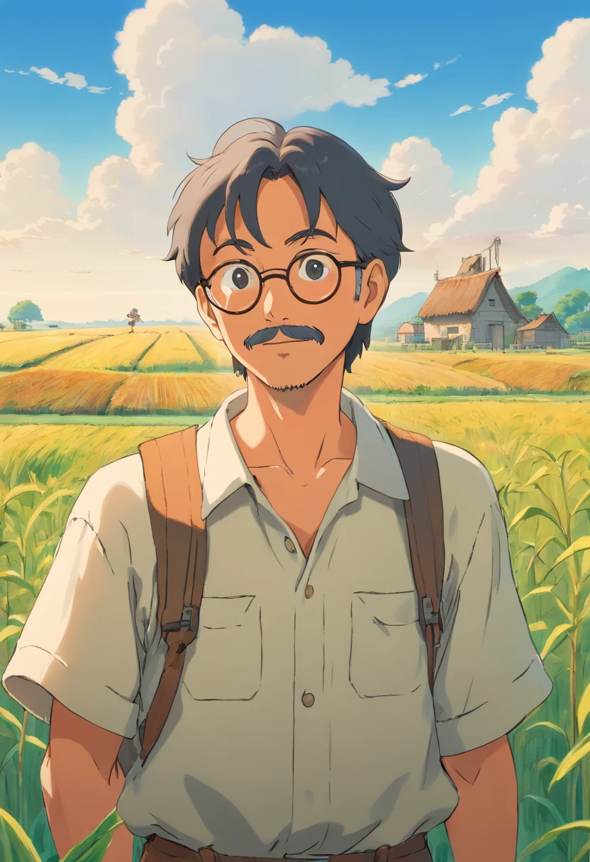 India farmer man in his field. bust photo. Farm land and tools in background
