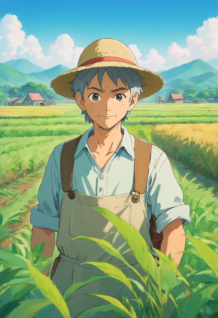 India farmer man in his field. bust photo. Farm land and tools in background