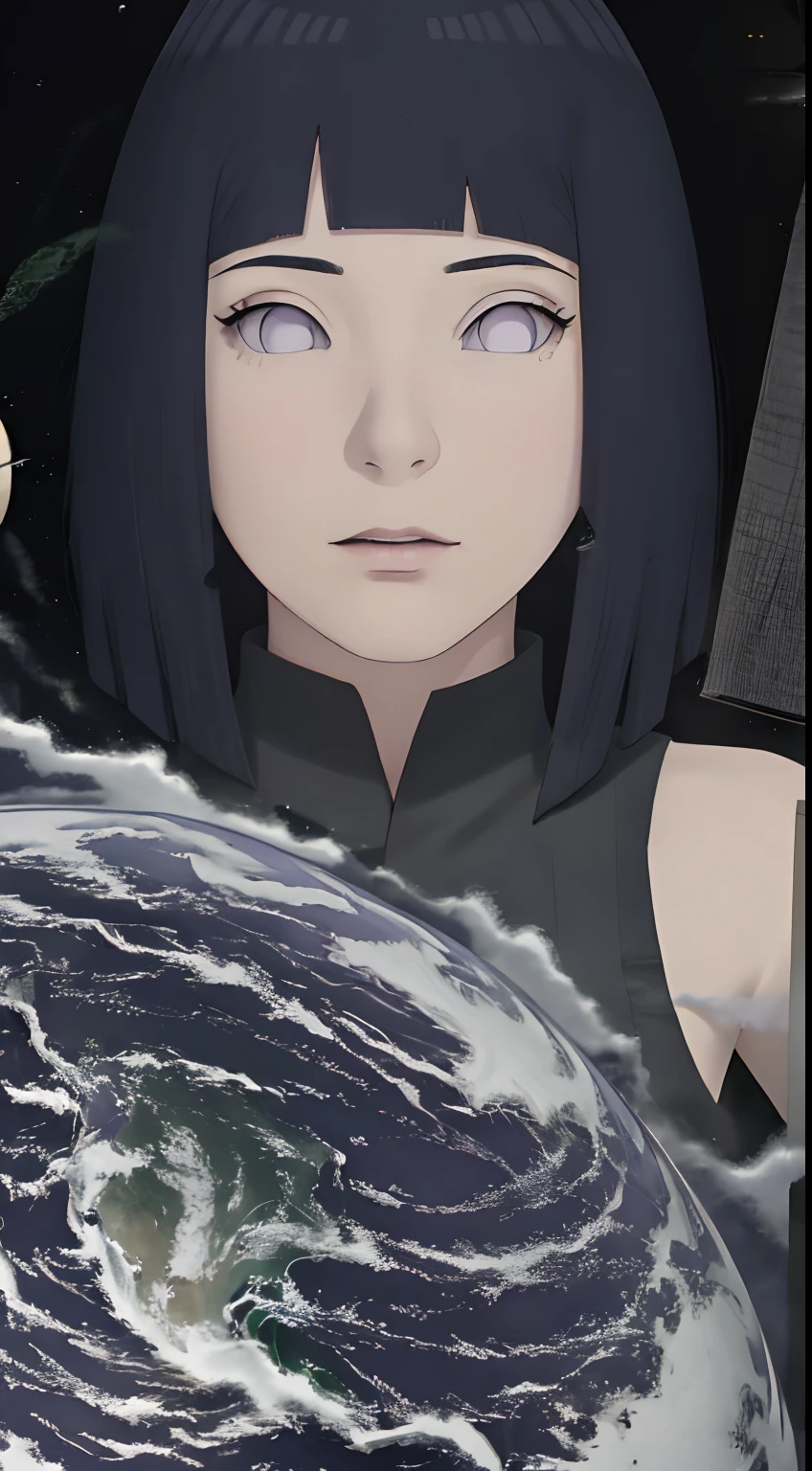 obra maestra, absurdos, Hinata Hyuga, 1girl, solamente,hembra madura, Correa de espagueti,Falda corta de cintura alta, mirando al espectador, (falling petals), perfect composition, labios detallados, pecho grande, Cara hermosa, body propotion, sonrojarse, (labios rosados), Cabello largo, purple eyes, mirada suave, super-realistic, detallado, photo session, Rostro y cuerpo realistas, sexual expression, Alluring expression,Sentado en el planeta,GTS GTSCity GTSGiga GTSPlanet GTSSpace Looming Stepping,Hinata\(Boruto\) Purple Hoodie Brown Pants Black Shirt, delantal,distance view