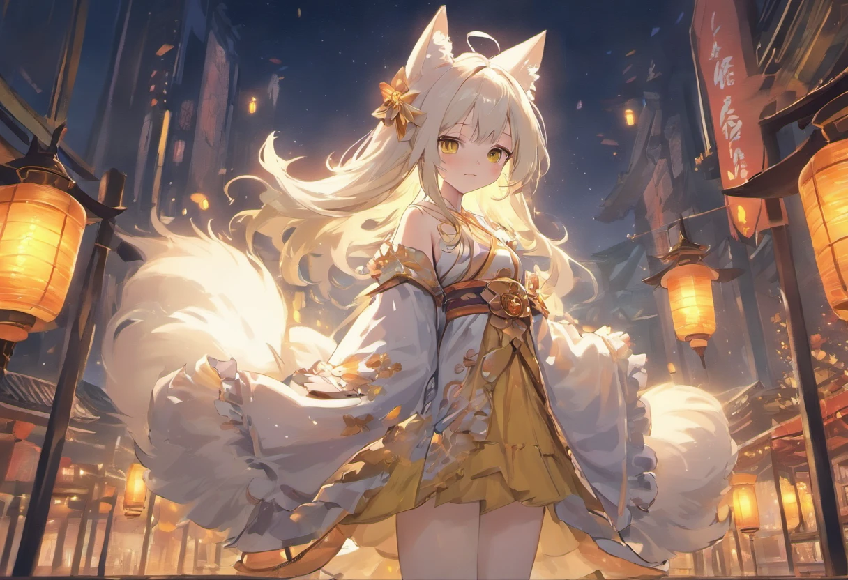 (((masterpiece))),(((best quality))),((ultra-detailed)),(illustration),CG,unity 8k wallpaper,depth of field,sense of modernity,{night},night market,((an beautiful cat girl)),{{fox ears}},{fox tail},blush,relaxing expression,beautiful bule eyes,{medium chest},{beautiful hands},{beautiful legs},{white pantyhose},{{long white hair}},unkempt,frills,,{long sleeves},{wide sleeves},{Carrying a lantern},{Ru skirt},{pure white Hanfu},{yellow embroidered shoes},whole body,depth of field,gorgeous,fantasism,nature,refined rendering