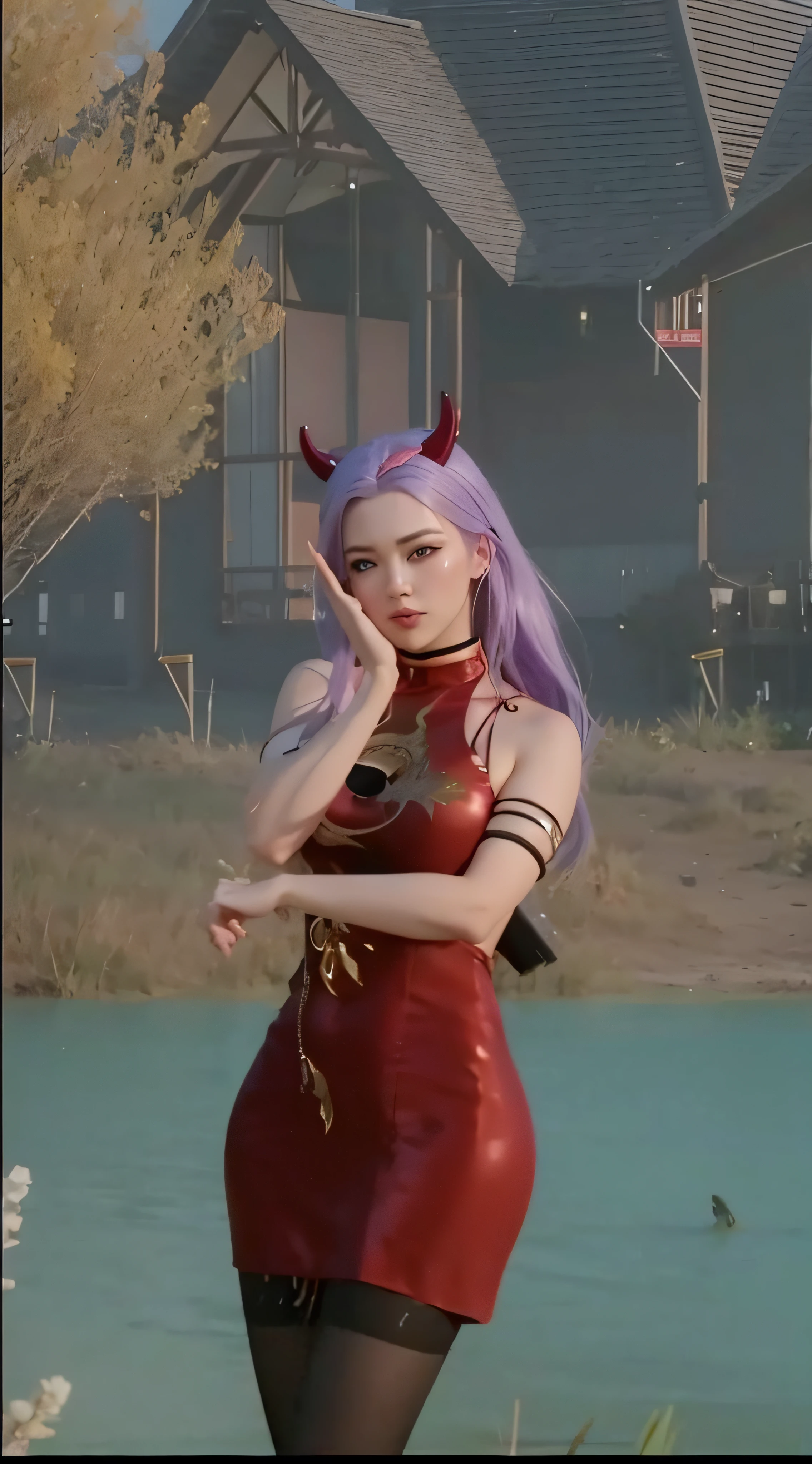 ((super realistic)), arafed woman in a chinese red suit and red horn wiht purple hair standing in front of lake, style game square enix, realistic artstyle urban girl fanart, trending on cgstation, fashion gameplay screenshot, realism artstyle, diesel punk female, game cg, casual pose, realistic anime 3 d style, trending at cgstation, detailed face, detailed eyes,