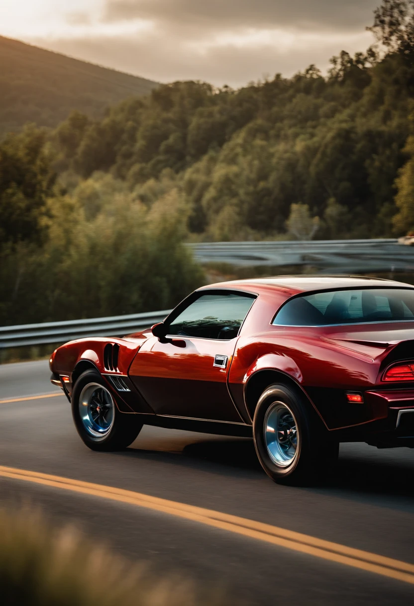 A pontiac trans am driving down the road, full shot, cinematic shot