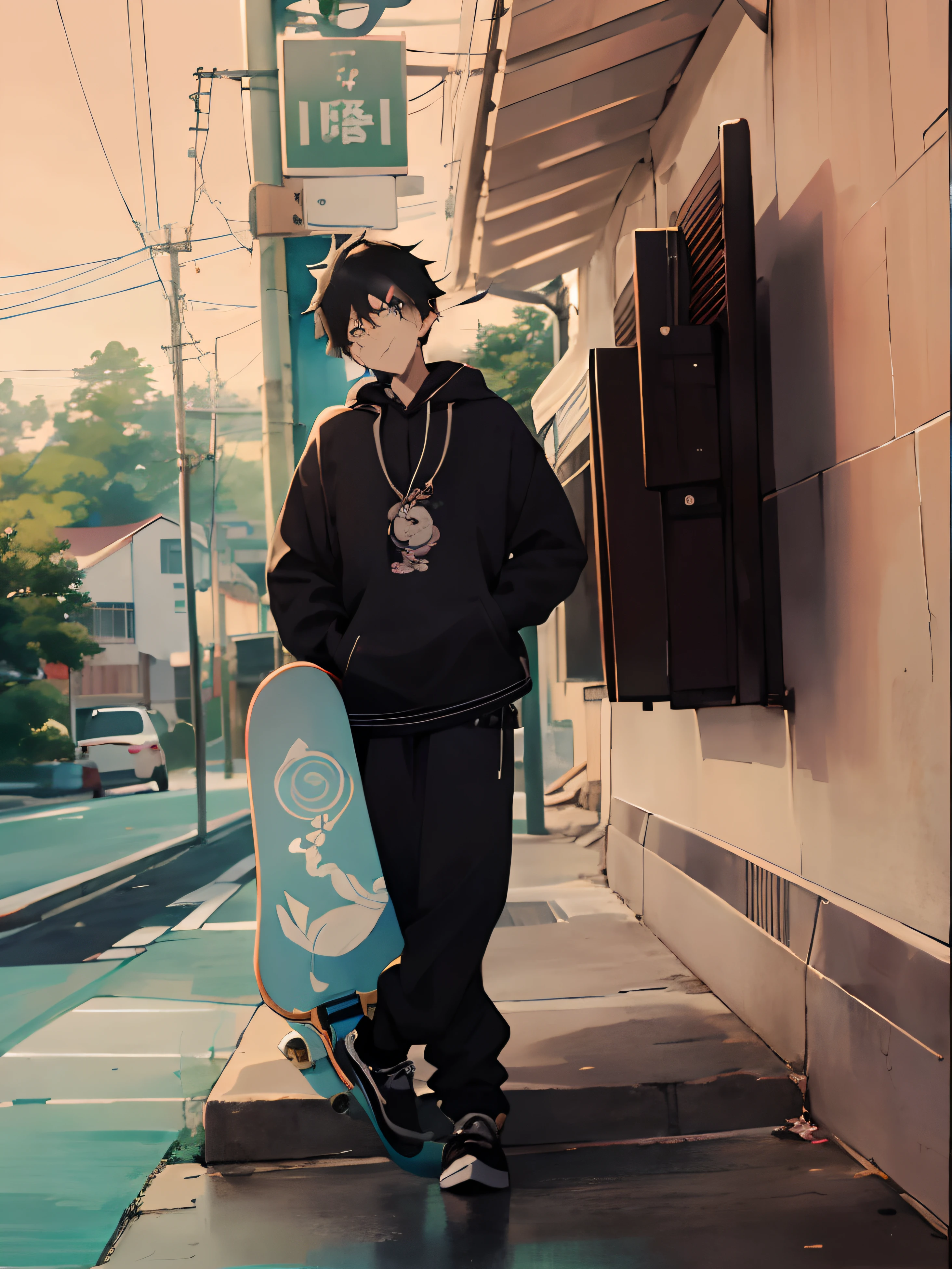 boy in black hoodie holding a skateboard on sidewalk next to building, anime style mixed with fujifilm, style anime, anime boy, anime style, japanese streetwear, male anime style, inspired by Yamagata Hiro, anime style”, anime peripheral, anime styled, anime set style, inspired by Okumura Masanobu, wearing japanese techwear, anime stile