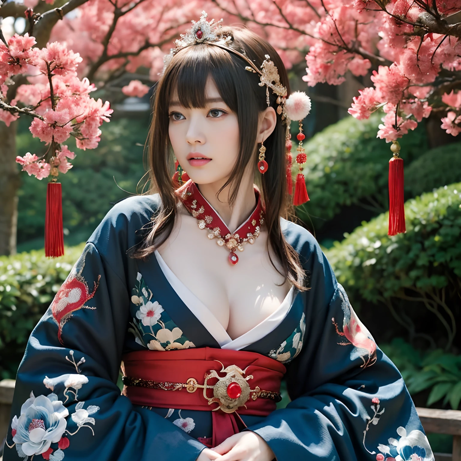 (Fight fiercely with dragons)、top-quality、masterpiece、超A high resolution、(Wearing a colorful Japan kimono)、Kimono with beautiful pattern、(Wearing a beautiful crown made of jewels),(Photorealsitic:1.4)、Raw photo、1人、Japan big castle background、glowy skin、(((Chinese Dragon)))、(Gorgeous Jewelry Necklaces)、(Mystical expression)、(Fight big dragons)、Kimono with beautiful pattern of Japan、(Metal bodysuit)、(beautiful forest background)、Precipitous cliffs、(Small LED)、((super realistic details))、portlate、globalillumination、Shadow、octan render、(There is also a shrine in the background)、8K、ultrasharp、Colossal tits、Raw skin is exposed in cleavage、metals、Details of complex ornaments、Japan details、highly intricate detail、Realistic light、CGSoation Trends、Blue eyes、radiant eyes、Facing the camera、neon details)、Gundam、Small LED、,Mechanical thighs、Toostock、(Full Body Angle)、(veils)、