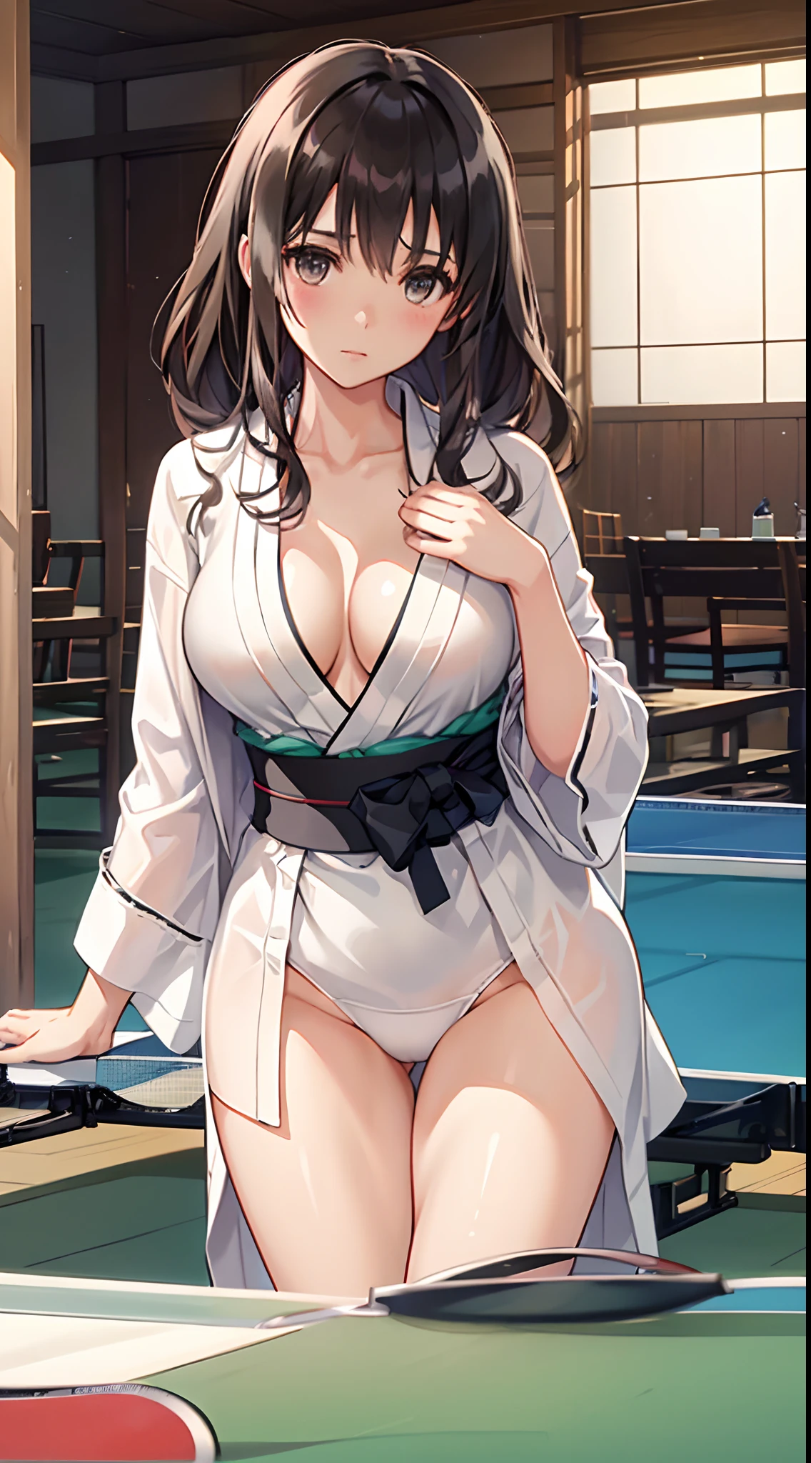 ((What to wear in summer、、A light cotton kimono to use as a bathrobe)),(bath robe),The clothes are fluffy,White panties,1girl in, Solo,(A MILF), (((maturefemale,Adult Woman))),masuter piece, of the highest quality, ultra-definition, max resolution, A highly detailed, Clean skin, Extremely sexy,Huge breasts,cleavage,blush,a sultry,thong,Japanese-style room,(((Play table tennis))), Standing with open legs,Beautiful black hair,Charming rolling hills,no-bra