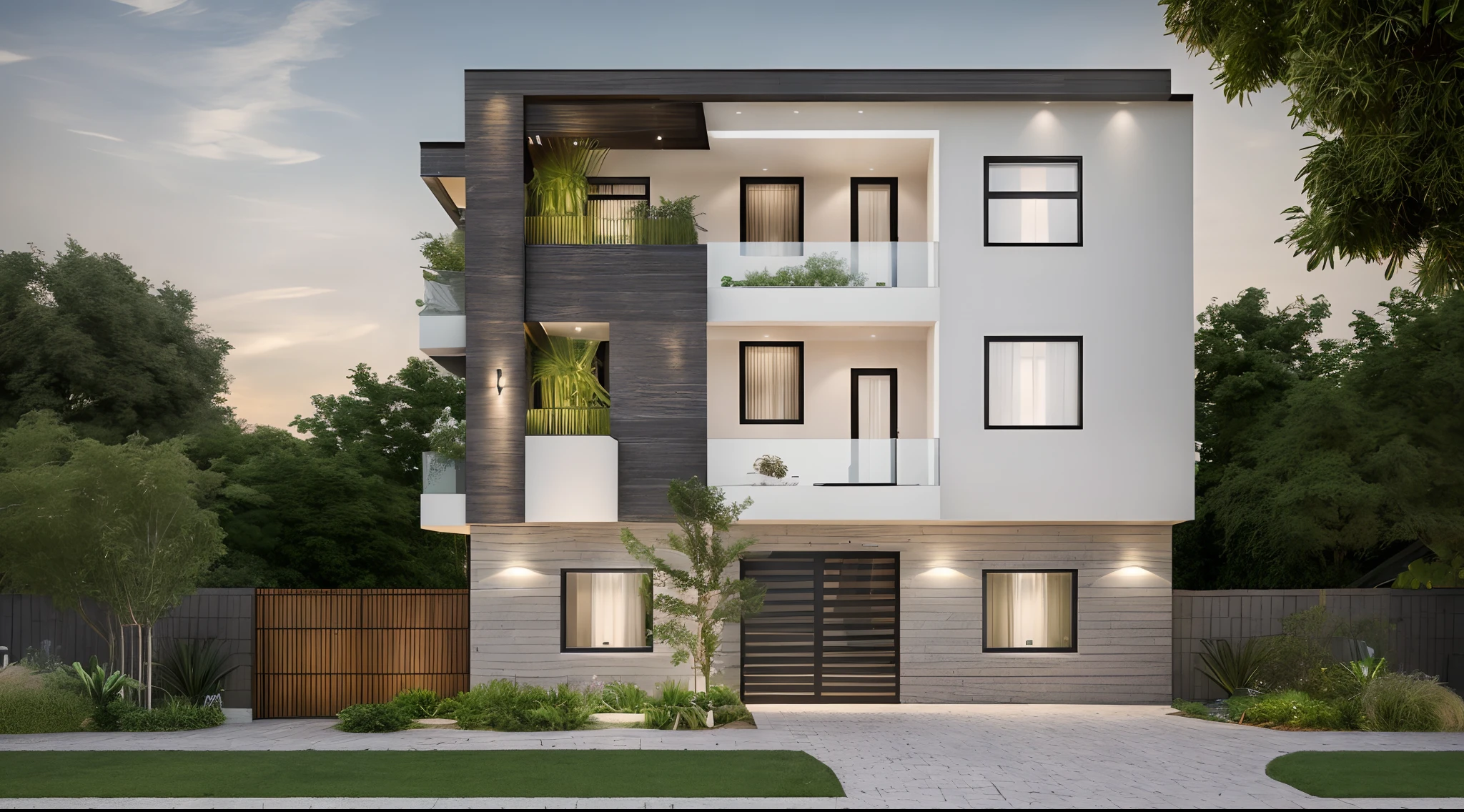RAW photo,Masterpiece, high quality, best quality, authentic, super detail,
exterior, house style modern on the garden with glass windows, glass doors,stains, balcony, railing glass
the style of dark gray and bronze,bold black outlines, clean lin,modernism,Realistic reflexes,realistic light, beautiful summer sky, trees, grass
(day:1.1), vivid colour, vray