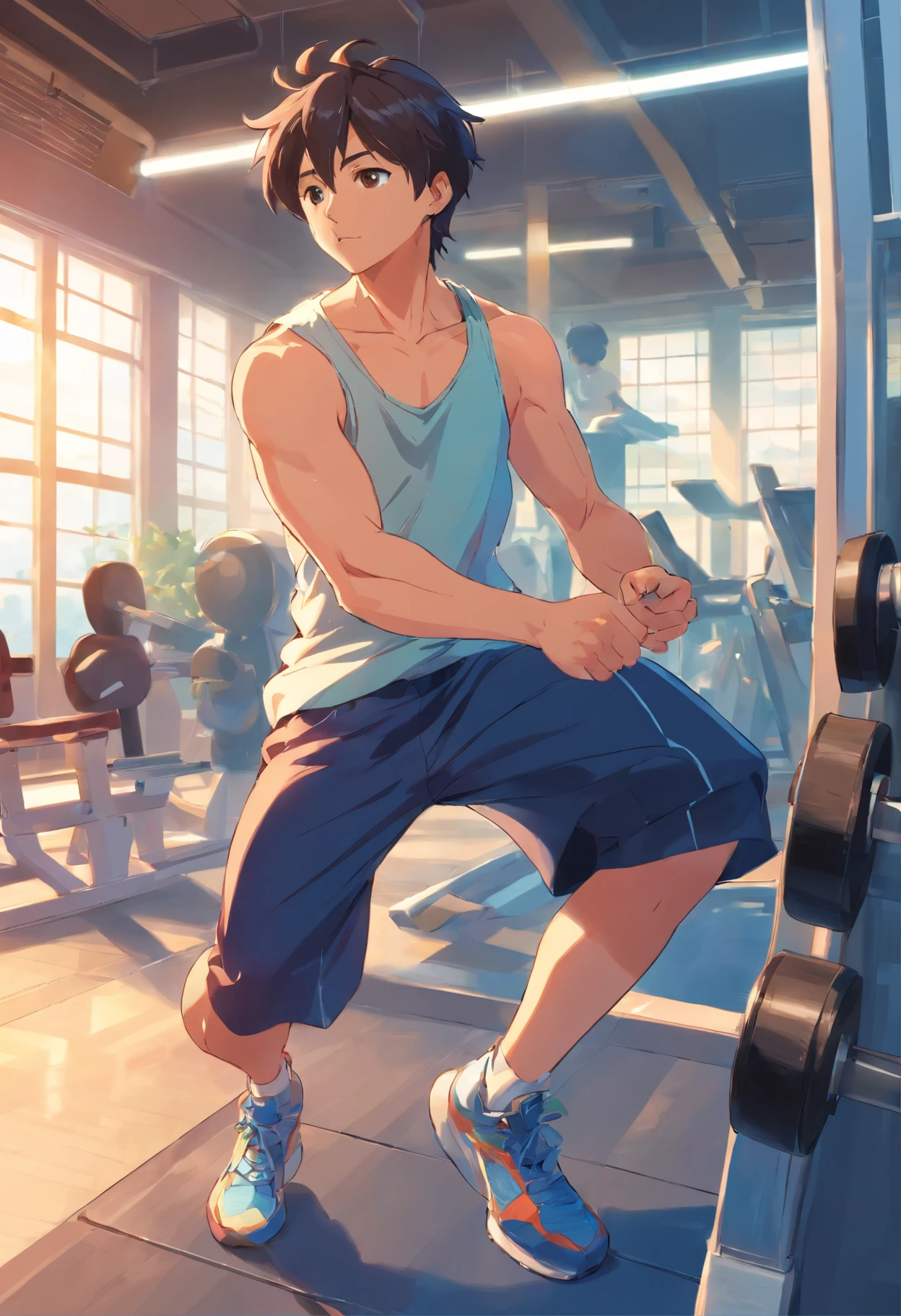 shirtless handsome manly short black hair caucasian male in tattered short jeans and sneakers, holding a bottled water, shirtless, sweating profusely, drenched with sweat, exhausted, panting, inside the bus station, inside the bus station is crowded with people