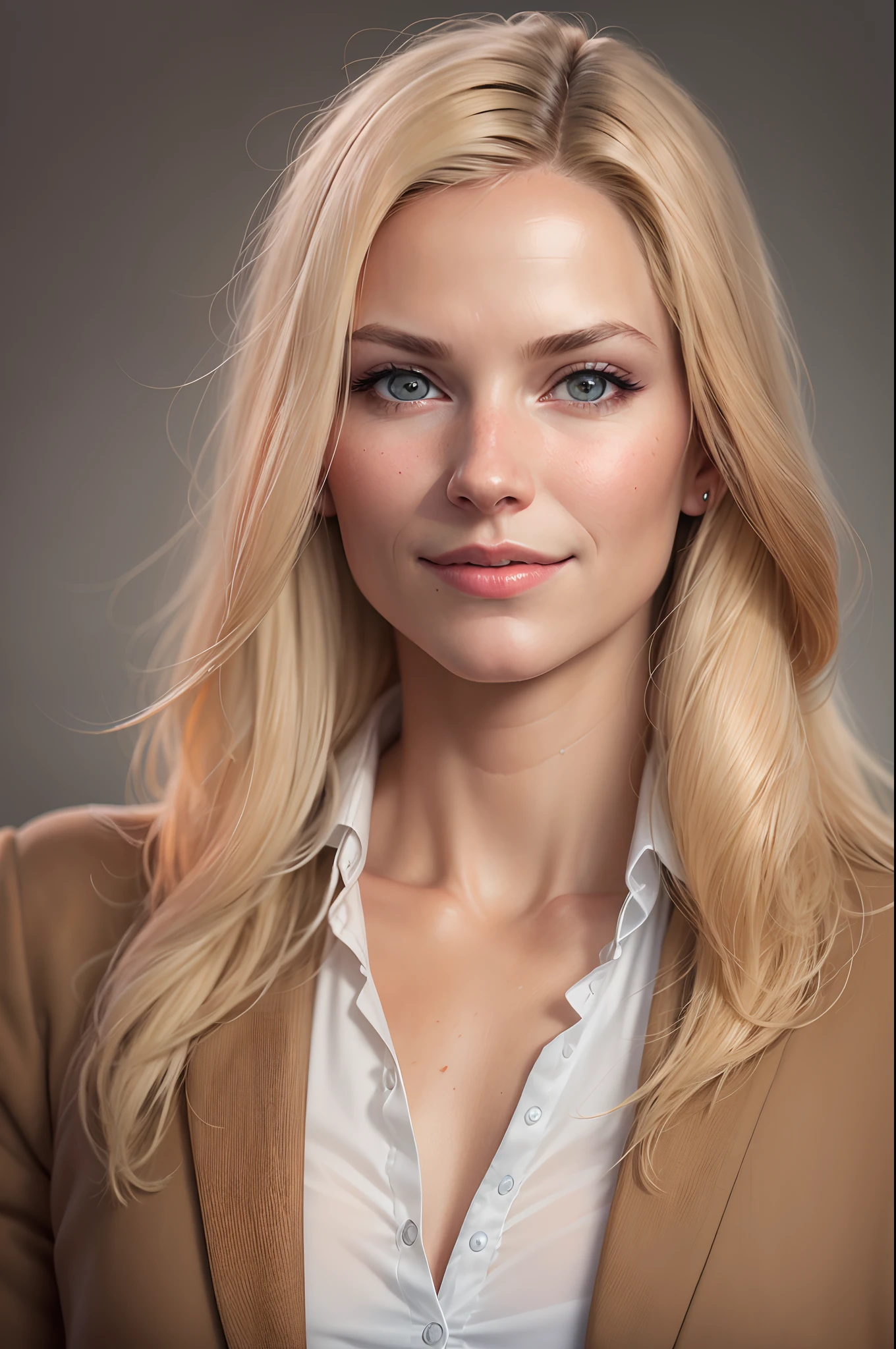 Create a photorealistic and professional linkedin portrait picture of a blond Dutch woman named Emma. She wears business casual clothes. Make it a close-up or headshot. Make it a photorealistic image.