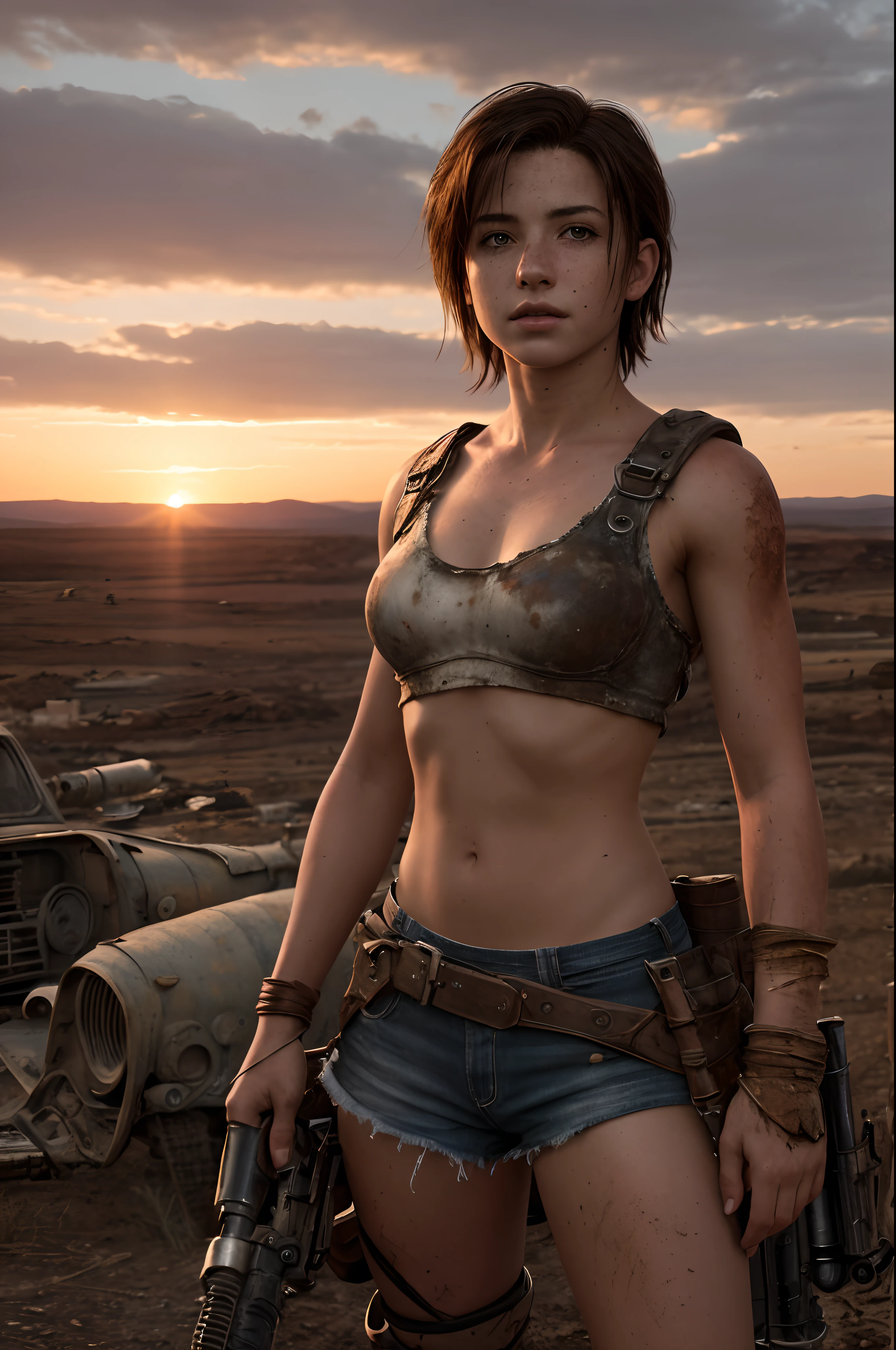 ​masterpiece, ultra detailed, 8K, Raw photo, Realistic light, Cinematic composition, skyscape with clouds, Realistic face with scratches, Realistic skin, full body shot, 18 years old Tifa Lockhart, near the broken and rusty war machine, tattered and dirty clothing, postapocalyptic wastelands with ruines, cute sexy,  pleasure, short messy hair,  freckles, sunset, backlighting, dramatic lighting