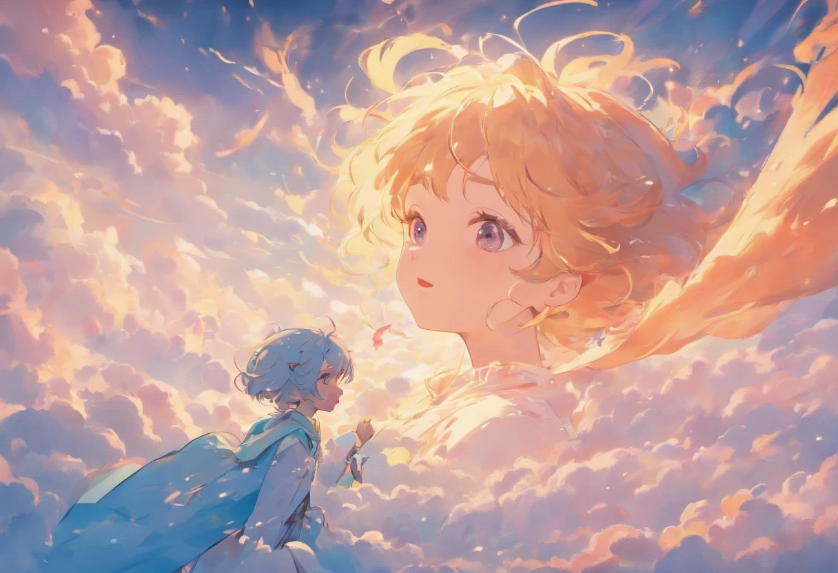 masterpiece, best quality, movie still, 1girl, floating in the sky, cloud girl, cloud, (close-up:1.1), bright, happy, fun, soft lighting, (Bauhaus, shapes, lines, abstract:1.1)