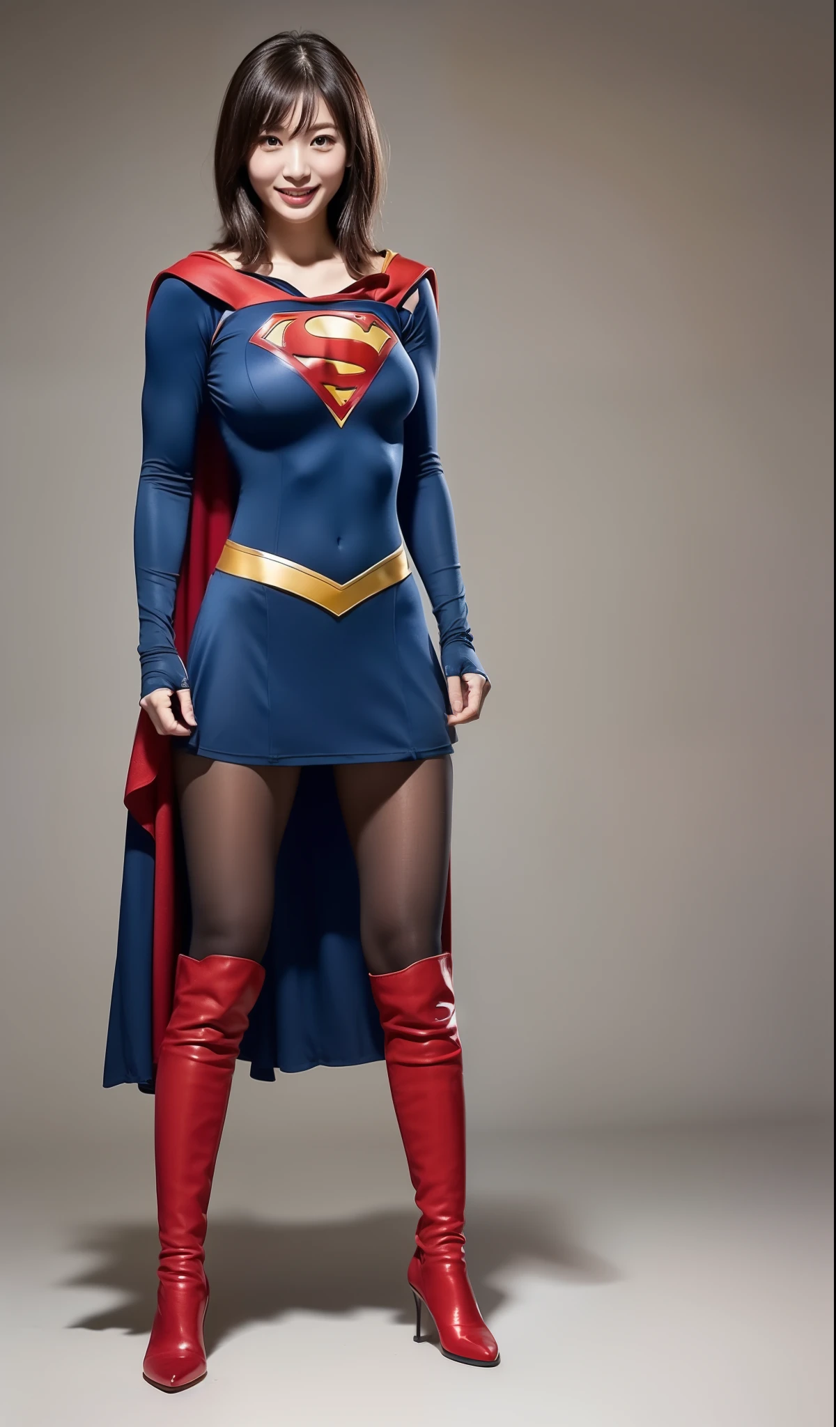 Be sure to wear black tights、(((Make the most of the original image)))、(((Supergirl Costume)))、(((shiny short hair)))、(((Suffering)))、(((Feet must necessarily be worn with black tights)))、(((Smile)))、(((You need to wear red boots)))、((Top image quality、8K))、((top-quality、8K、masterpiece:1.3))、(((Keep your background simple)))、Crisp focus:1.2、Beautiful woman with perfect body shape:1.4、Slender Abs:1.2、((layers-Cut、large boob:1.2))、a wet body:1.5、Highly detailed facial and skin texture、