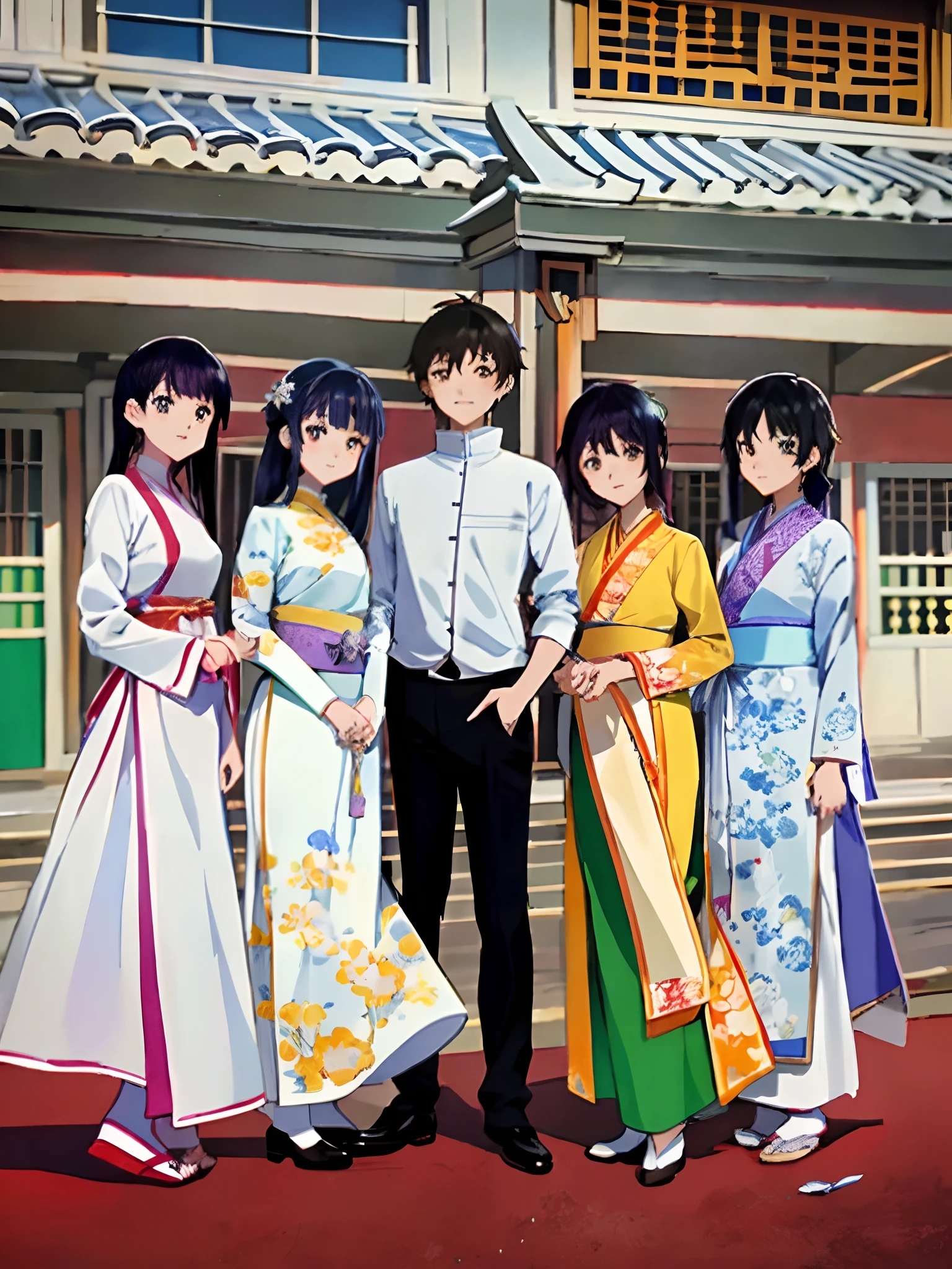 anime characters posing for a picture in front of a building, anime still film anime shikishi, official illustration, official fanart, sengoku - era art style, official art, :14 80s anime style, in style of kyoto animation, anime moe artstyle, visual novel cg, sao style anime, 2022 anime style