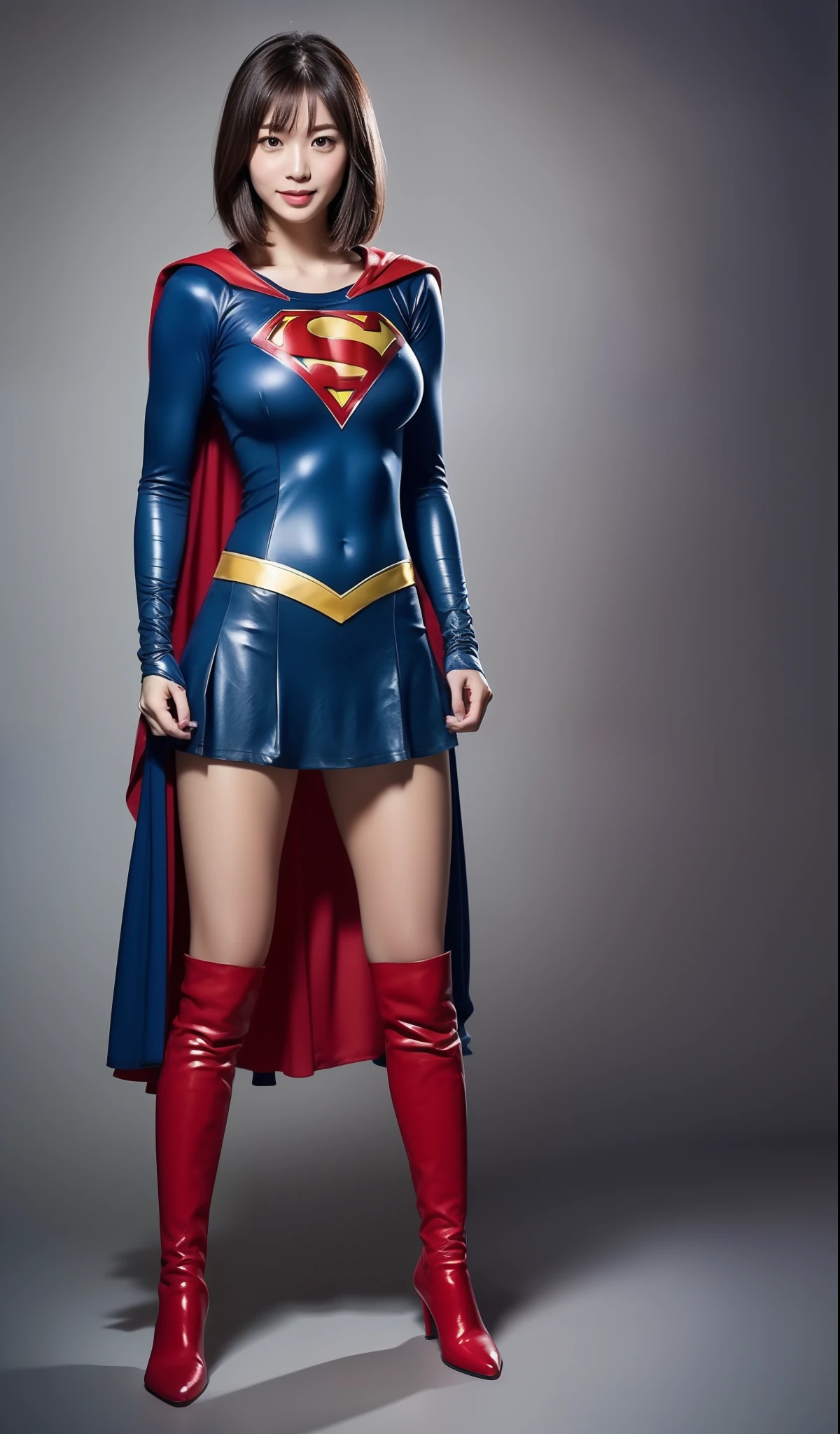 Be sure to wear black tights、(((Make the most of the original image)))、(((Supergirl Costume)))、(((shiny short hair)))、(((Suffering)))、(((Feet must necessarily be worn with black tights)))、(((Smile)))、(((You need to wear red boots)))、((Top image quality、8K))、((top-quality、8K、masterpiece:1.3))、(((Keep your background simple)))、Crisp focus:1.2、Beautiful woman with perfect body shape:1.4、Slender Abs:1.2、((layers-Cut、large boob:1.2))、a wet body:1.5、Highly detailed facial and skin texture、