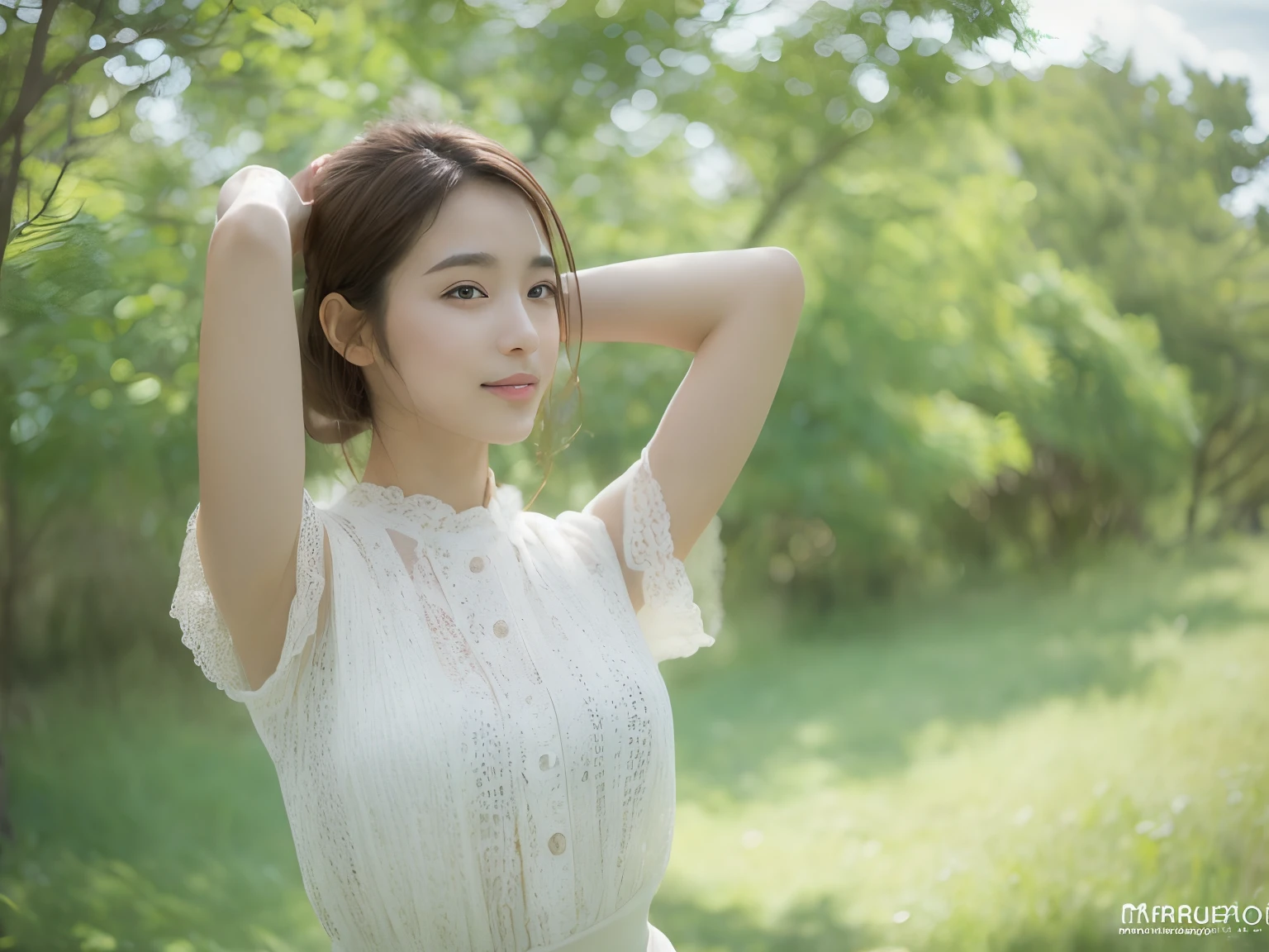 ((top-quality、8K、masterpiece:1.3)), a smile, full body Esbian,Long arms. foco nítido:1.2, Beautiful woman with perfect body shape:1.4, Slender Abs:1.1, ((dark brown hair)), ((naturey:1.3)), Highly detailed facial and skin texture, A detailed eye, 二重まぶた, photo realisti,High-fidelity photos,natural soft light, NSFW