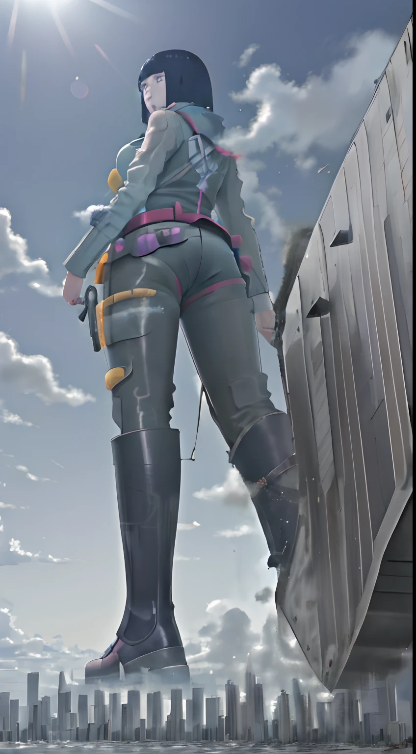 hinata hyuga (naruto),((masterpiece)),mega giantess girl in sky, gantz suit, between clouds,  between  cumulonimbus cloud,cumulonimbus cloud ,high as the clouds, looming ,  GTS, ,looming city, Rampage, 1girl, masterpiece, best quality,kawaii, , highly detailed, sunlight, colorful,ass focus,back view, masterpiece, best quality,, highly detailed, sunlight, colorful,destruction,apocalipse,comic girl,real girl,realistic girl,real girl,ground view