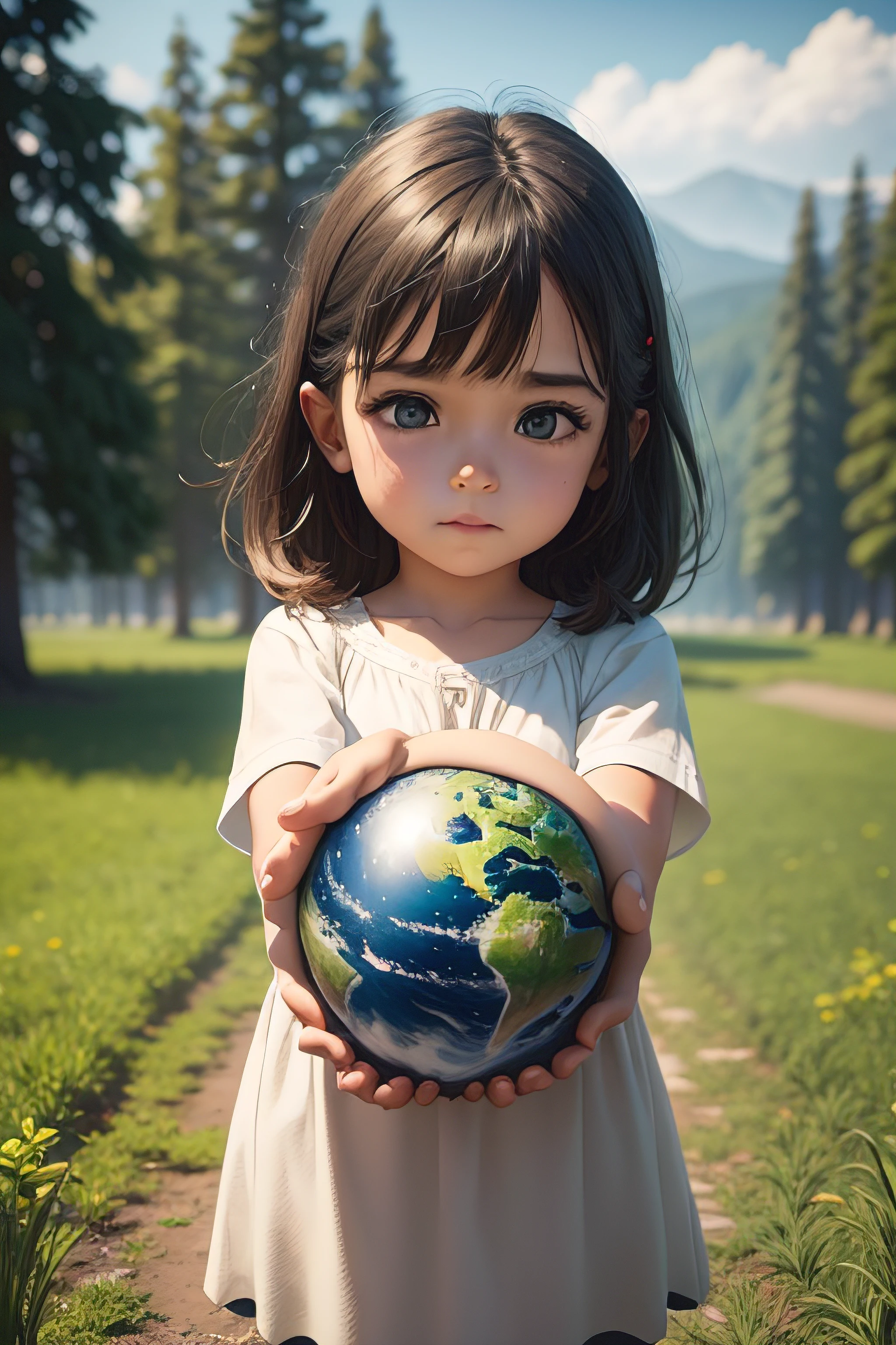 make a child hugging earth with nature background 3d pic and HD