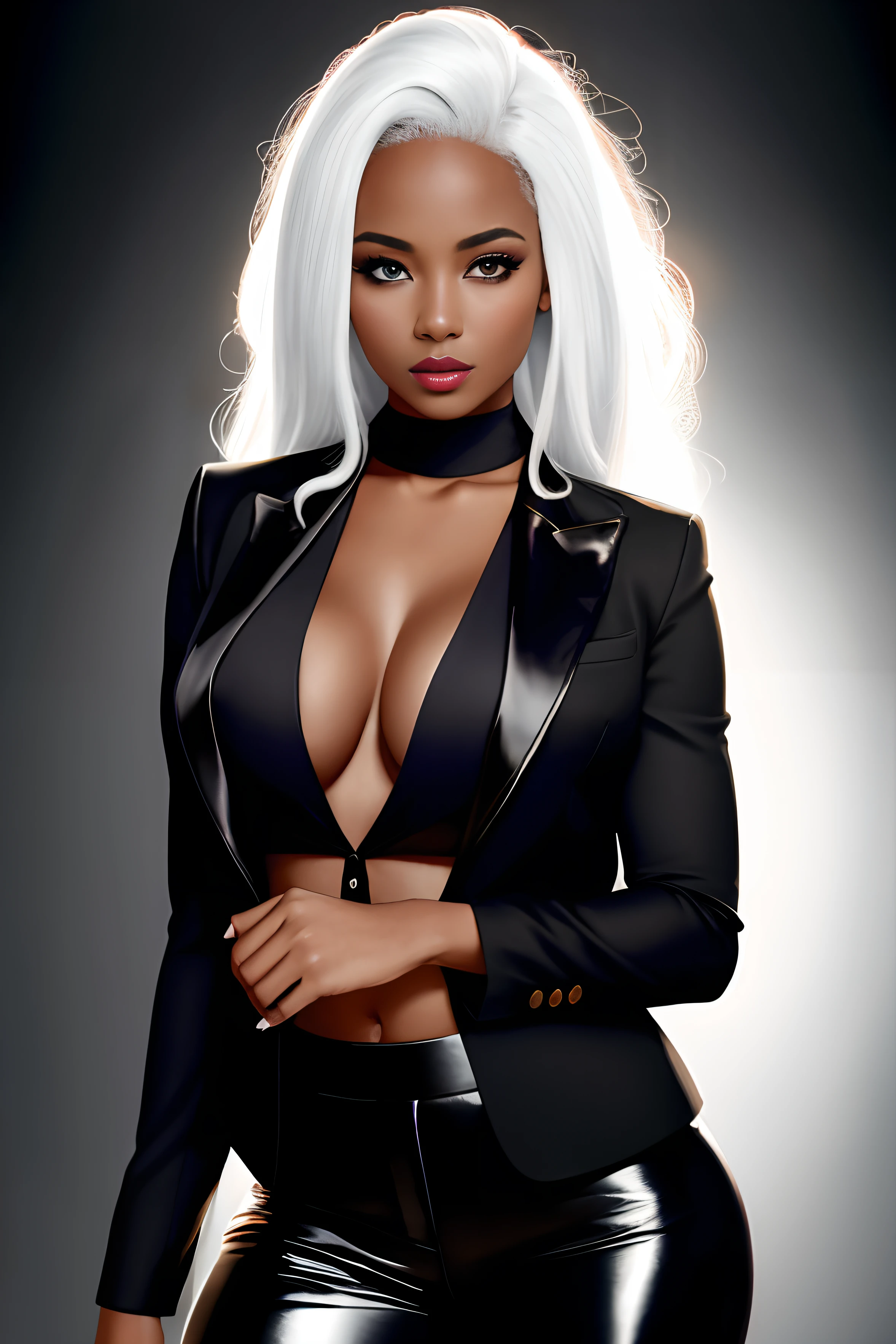 Best quality, masterpiece, high resolution, 1 young black woman, dressed in black choir pants and jacket,red blouse,white hair, beautiful face, physique, Tyndall effect, realistic, dark studio, rim lighting, duotone lighting, (high detail skin: 1.2), 8k uhd, DSLR, soft light, high quality, volumetric light, stealth shot, photo, high resolution, 4k, 8k, bokeh