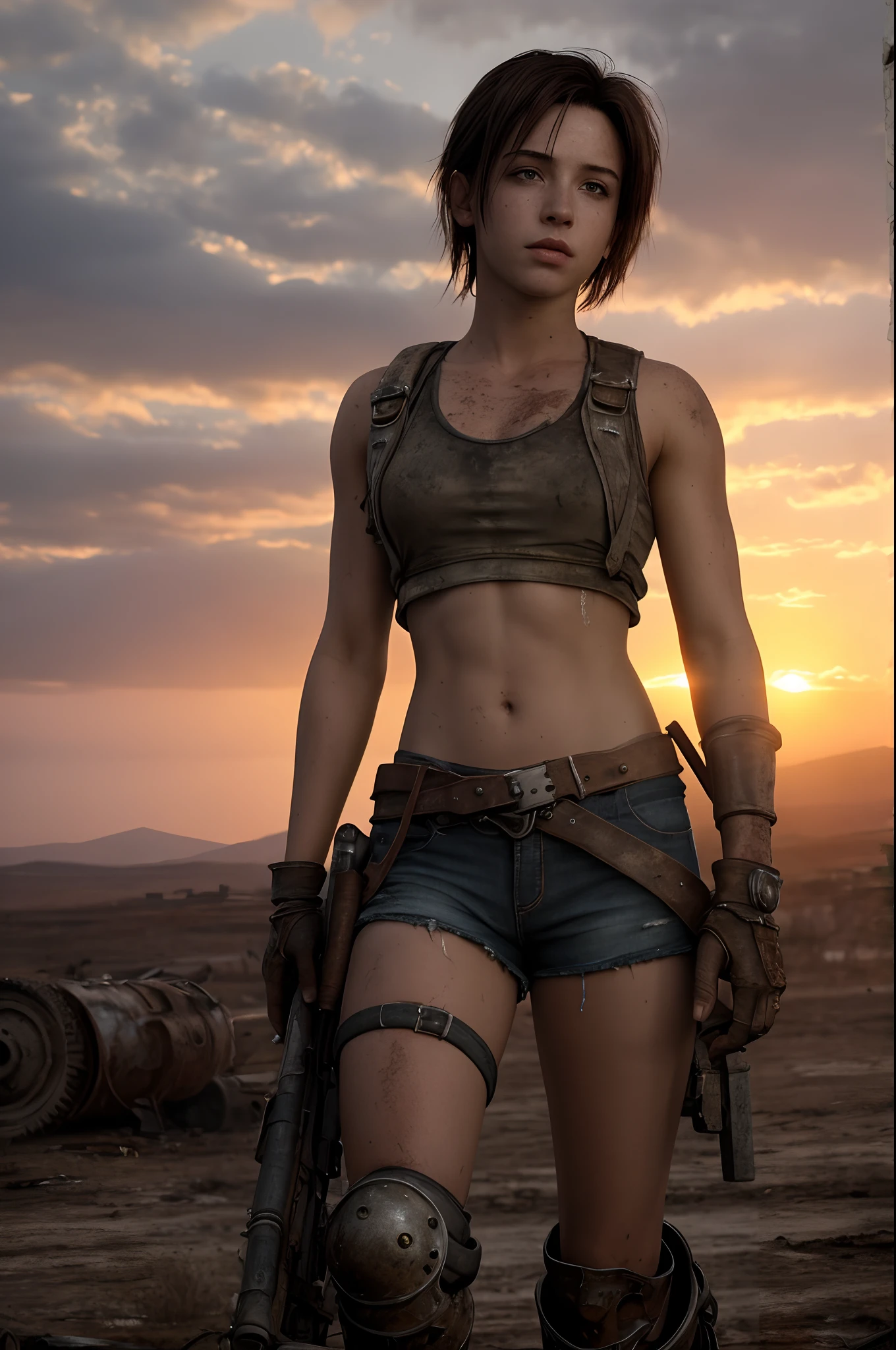 ​masterpiece, ultra detailed, 8K, Raw photo, Realistic light, Cinematic composition, skyscape with clouds, Realistic face with scratches, Realistic skin, full body shot, 18 years old Tifa Lockhart, near the broken and rusty war machine, tattered and dirty clothing, postapocalyptic wastelands with ruines, cute sexy,  pleasure, short messy hair,  freckles, sunset, backlighting, dramatic lighting