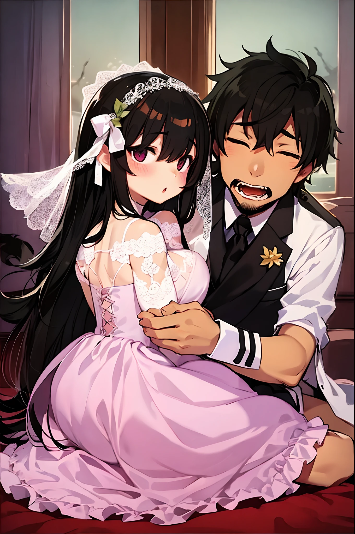 Sakura Jinguji, with her long black hair cut, spreads her pubic hair in a long sleeved, luxuriously embroidered, super shiny satin pink Western frill dress.　She is hugged by a perverted aristocrat while crying.