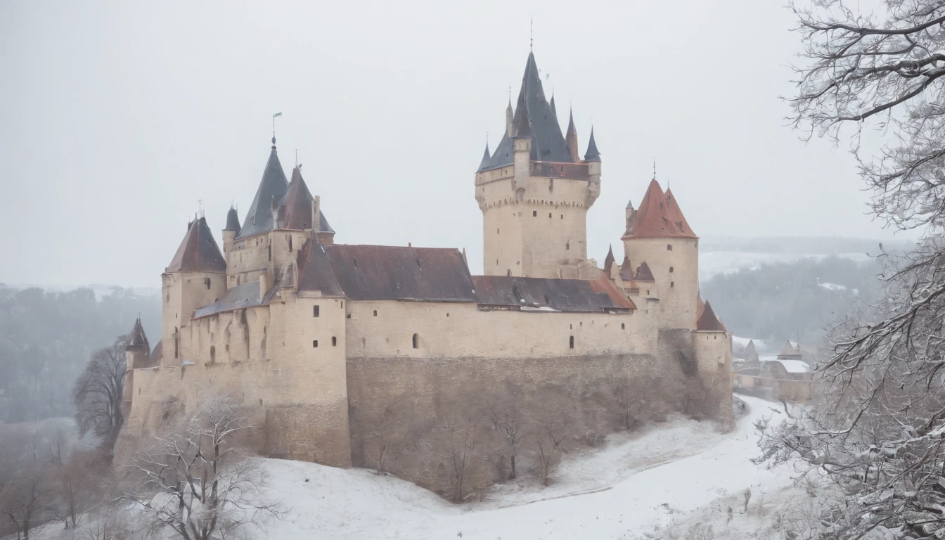 Ecsed Castle in medieval Hungary, winter, snow, cinematic scene from film