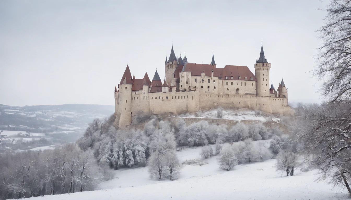 Ecsed Castle in medieval Hungary, winter, snow, cinematic scene from film