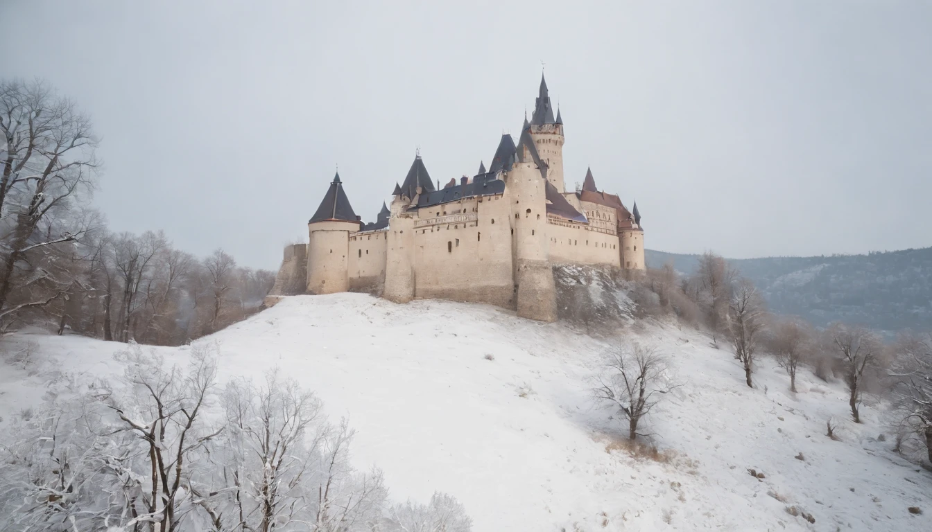 Ecsed Castle in medieval Hungary, winter, snow, cinematic scene from film