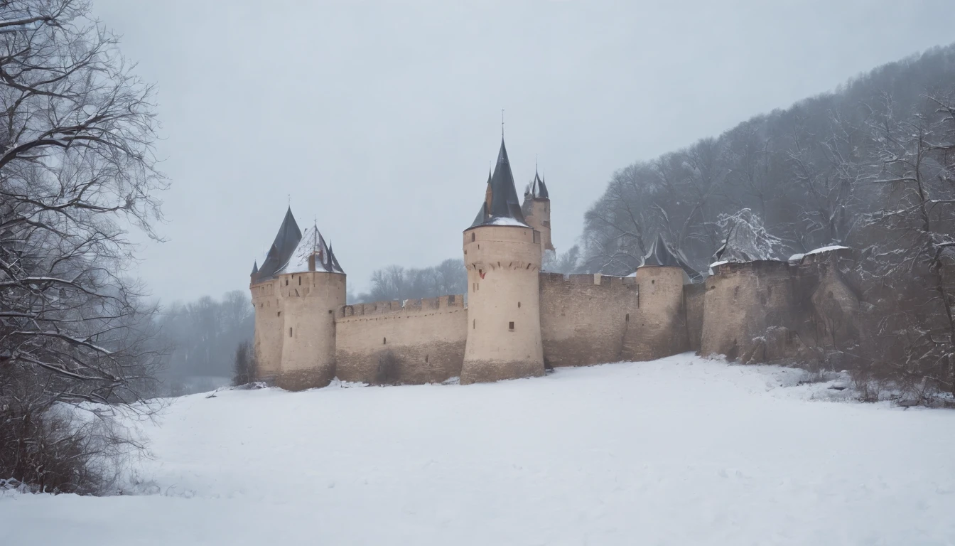 Ecsed Castle in medieval Hungary, winter, snow, cinematic scene from film