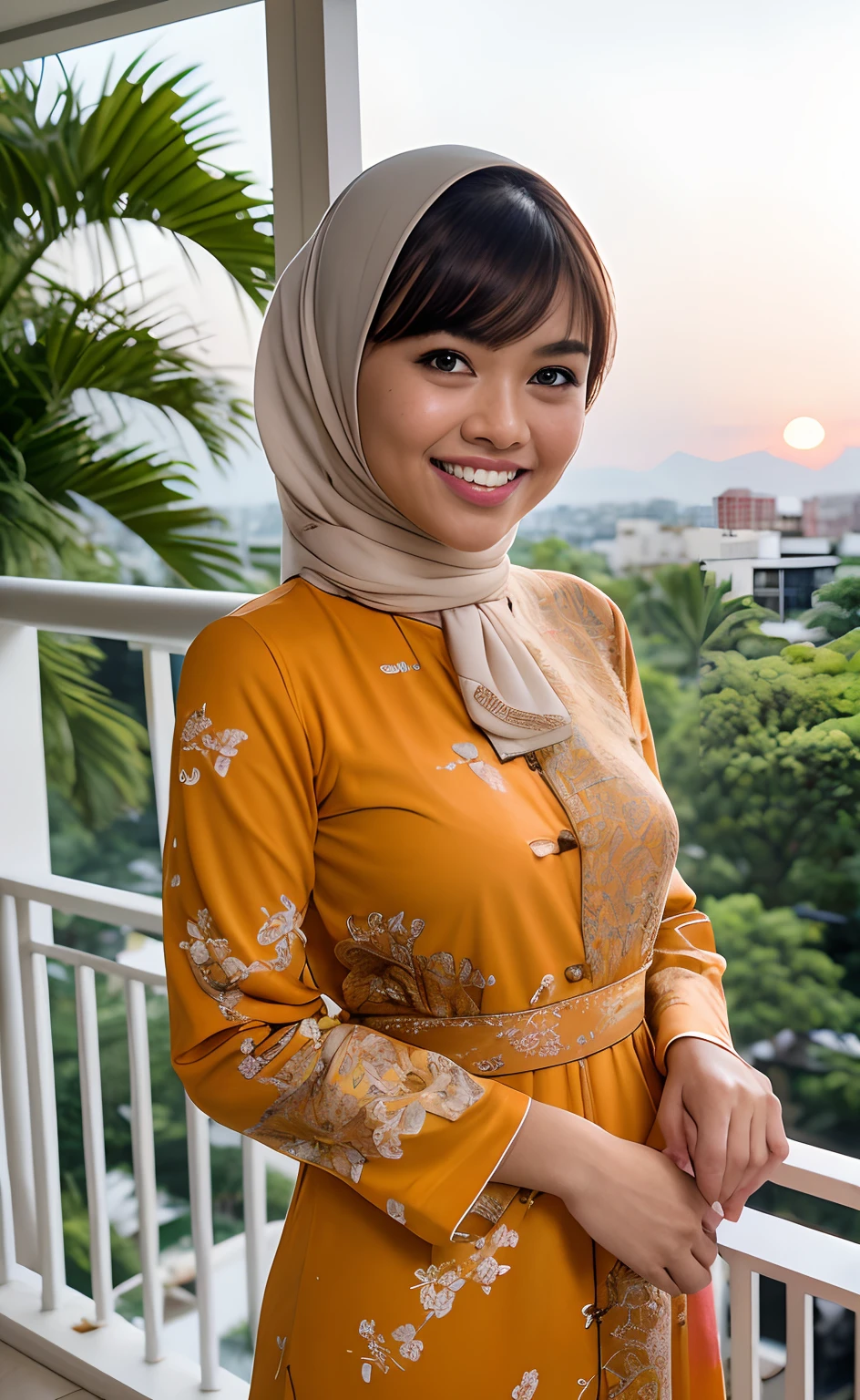 Masterpiece:1.2, high quality, best quality, high resolution, detailed, hyper realistic, 1 malay girl, wear baju kurung, in hotel balcony, bright short white hair, Shaggy Bob Haircut with Bangs, brown eyes, head tilt, sunset, Portrait, smile, showing teeth,  (detailed face), ((sharp focus)), ((face)), upper body, mid shot portrait,