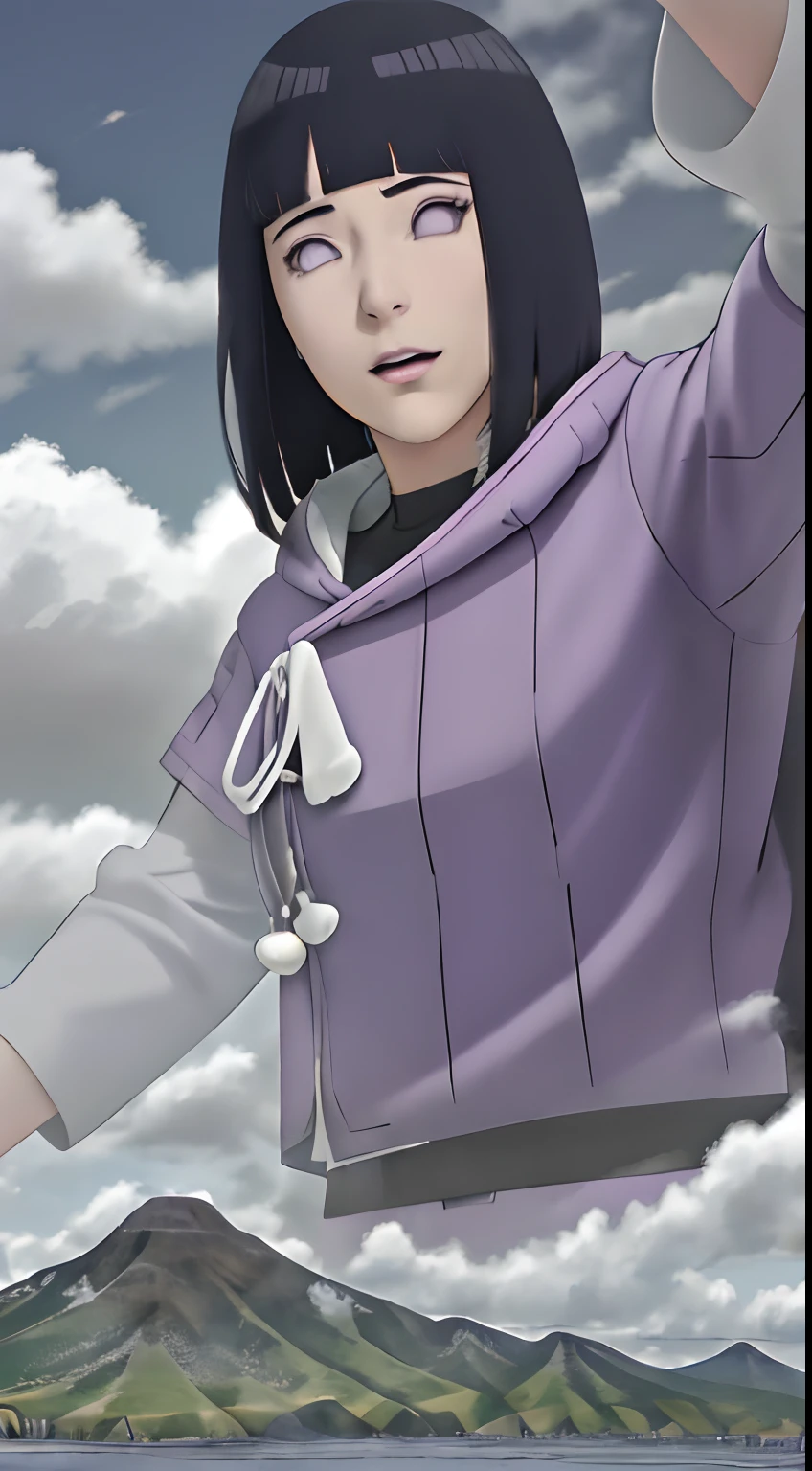 Hinata Hyuga (Naruto),((Obra maestra)),Mega giganta chica en el cielo, Traje de Gantz, entre nubes, Entre Cumulonimbus Cloud,Cumulonimbus Cloud ,alto como las nubes, Inminente , GTS, ,Ciudad que se avecina, Rampage, 1girl, Obra maestra, La mejor calidad,kawaii, , Altamente detallado, luz del sol, De color,Enfoque de,Vista posterior, Obra maestra, La mejor calidad,, Altamente detallado, luz del sol, De color,Destruction,apocalipsis,Comic girl,chica real,Chica realista,chica real,Vista del suelo,Cabello largo, purple eyes, mirada suave, super-realistic, detallado, photo session, Rostro y cuerpo realistas, sexual expression, Alluring expression,Hinata\(Boruto\) Purple Hoodie Brown Pants Black Shirt, delantal
