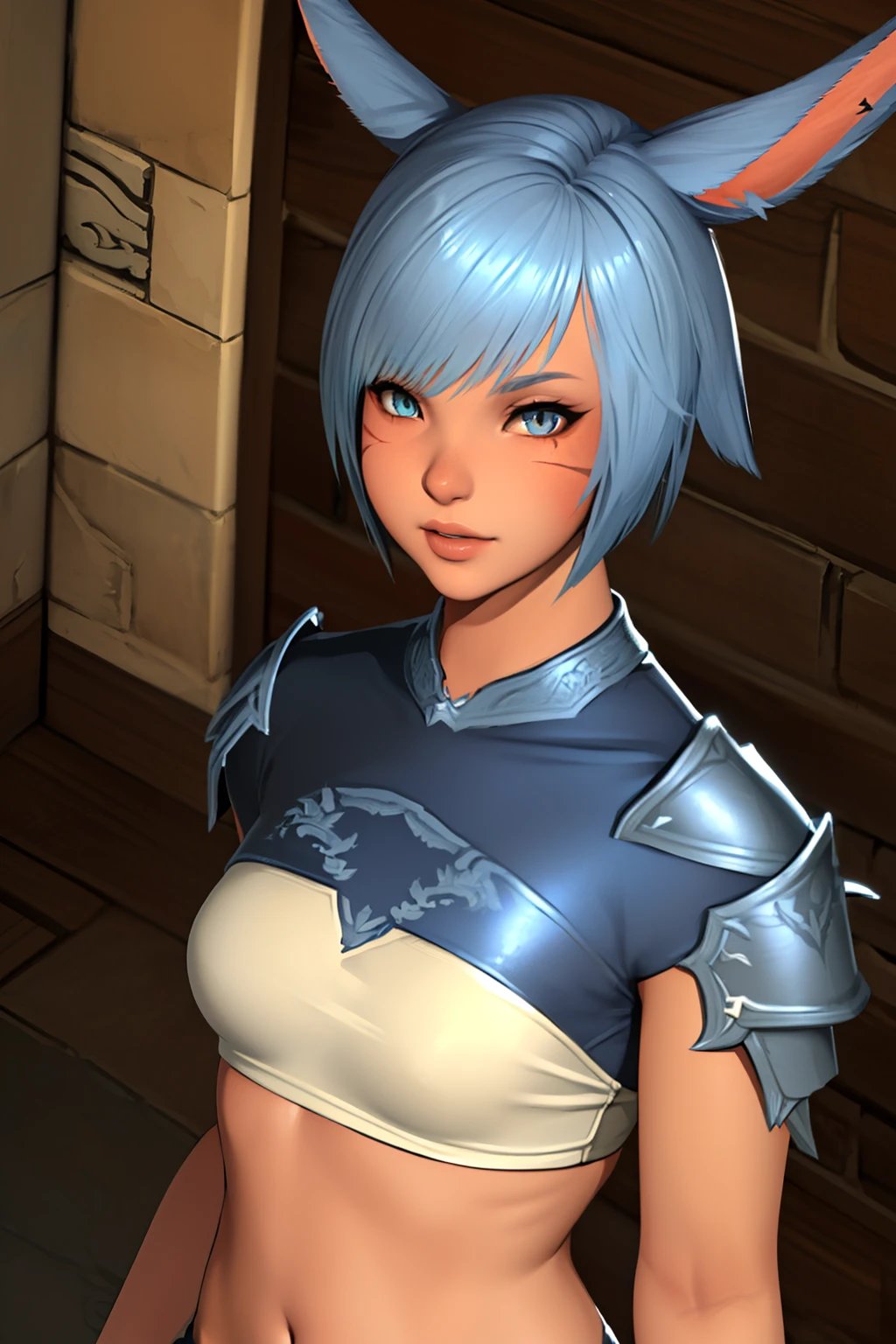 (masutepiece:1.2, Best Quality, Photo Real Stick), 1girl, radhy_shamar \(ffxiv\), (Cool Beauty), pixie cut, Blue hair, cat ears, cat tail:1.2, ((no-human ears:1.2, no-pinted ears:1.2)), light-cyan eyes, middlebreasts, ((crimson tattoo on upper back)), ((clothed armor:1.2, ffxiv knight armor:1.4)), ((Face Close-up:1.2, Face Focus:1.2, Looking at Viewer, Upper body)), Smile lightly without opening your mouth, fantasy background,