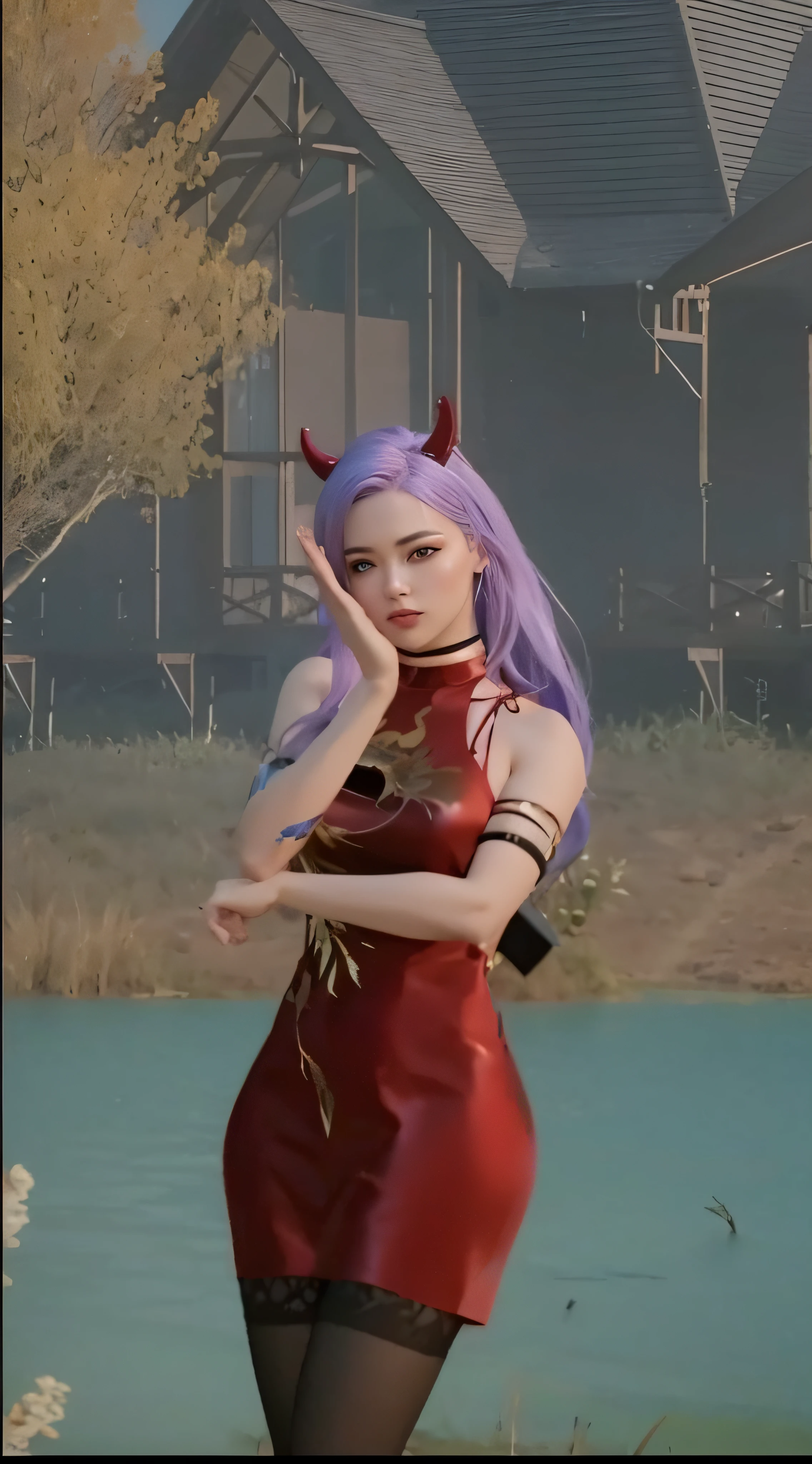 ((super realistic)), arafed woman in a chinese red suit and red horn wiht purple hair standing in front of lake, style game square enix, realistic artstyle urban girl fanart, trending on cgstation, fashion gameplay screenshot, realism artstyle, diesel punk female, game cg, casual pose, realistic anime 3 d style, trending at cgstation, detailed face, detailed eyes,