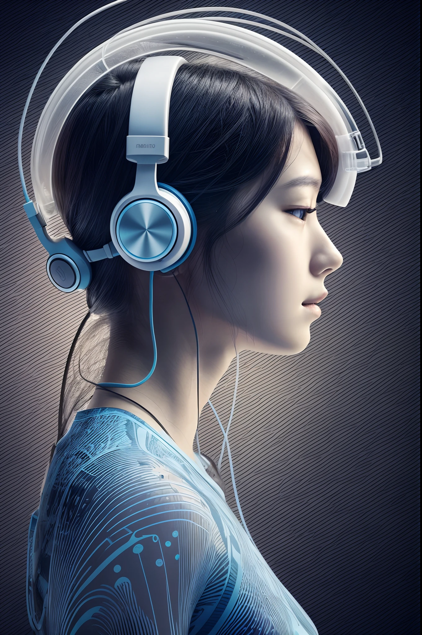 - [ ] Digital Printed Machine Poster, Technical schematic as seen from the front and side views of blueprint paper.、The bold text on the background is「Jellyfish style water-cooled headphones」, product, Illustration. Central depiction: Cool oriental style Japan teenager wearing retro design headphones, Headphone Design: Vintage aesthetics and modern functionality, Integrated thin water flow pipe resembling jellyfish tendrils, Auditory environment: Showed a gentle murmur of underwater sound emanating from headphones, Imitate the aquatic atmosphere, Spiritual tranquility: The expression of the girl's face and posture reflects mental tranquility, Shows the soothing effect of aquatic whispers, Juxtaposition: Emphasized a harmonious blend of modern hearing technology and nature's calming essence, Exploring the Story: An artistic story that seeks mental stability in a chaotic modern world、Subtly implied by design elements and annotations, Symbolism: The similarity of jellyfish provides a unique aesthetic, Symbolizes a gentle drift into serene contemplation, Technical Specifications: Ultra-detailed graphite rendering at 8K resolution、Accurate depiction of each element is ensured, Important Suggestions, and feature pointers, Instruction Guide: Next to the main illustration, In the instruction guide、Detailed information on assembling and using the headphones, Provide a practical touch to artistic blueprints. 8K, conceptual art