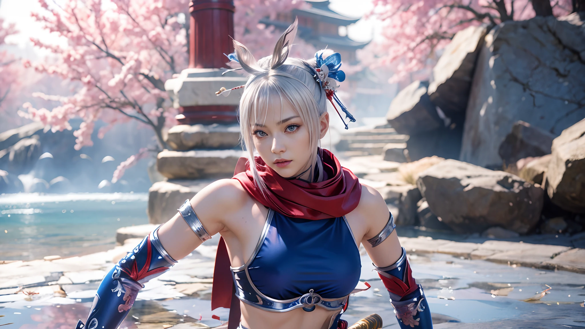 a beautiful woman with silver hair and light blue silver eyes in a red outfit holding a katana sword, fighting game character, as a character in soul calibur, kitsune inspired armor, white and red clothing, dramatic wielding sword pose, samurai ninja outfit, (Extremely Detailed), (Best Illustration), (Beautiful and Detailed Eyes), (Best Quality), (Ultra Detailed), (Masterpiece ), ( wallpaper), (detailed face), solo, a attractive Japanese silver anime haired female, (realistic, photo-realistic:1.37), (insanely detailed:1.3), 8k, (masterpiece), (best quality:1.4), (ultra high res:1.2), (RAW photo:1.2), professional lighting, cinematic realism