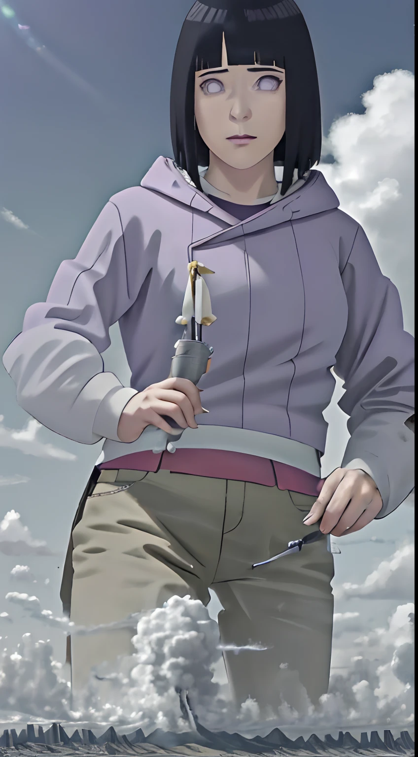 Hinata Hyuga (Naruto),((Obra maestra)),Mega giganta chica en el cielo, Traje de Gantz, entre nubes,  Entre Cumulonimbus Cloud,Cumulonimbus Cloud ,alto como las nubes, Inminente ,  GTS, ,Ciudad que se avecina, Rampage, 1girl, Obra maestra, La mejor calidad,kawaii, , Altamente detallado, luz del sol, De color,Enfoque de,Vista posterior, Obra maestra, La mejor calidad,, Altamente detallado, luz del sol, De color,Destruction,apocalipsis,Comic girl,chica real,Chica realista,chica real,Vista del suelo,Cabello largo, purple eyes, mirada suave, super-realistic, detallado, photo session, Rostro y cuerpo realistas, sexual expression, Alluring expression,Hinata\(Boruto\) Purple Hoodie Brown Pants Black Shirt, delantal