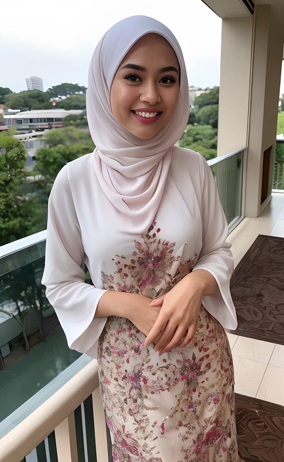 Masterpiece:1.2, high quality, best quality, high resolution, detailed, hyper realistic, 1 malay girl, wear baju kurung, in hotel balcony, bright short white hair, Shaggy Bob Haircut with Bangs, brown eyes, head tilt, sunset, Portrait, smile, showing teeth,  (detailed face), ((sharp focus)), ((face)), upper body, mid shot portrait,