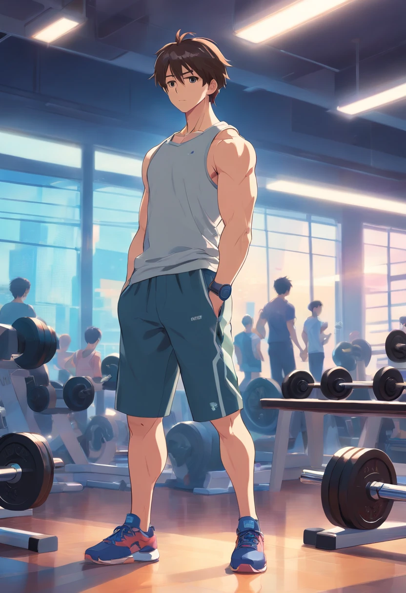male people age 30s asian human short-haired Thin macho traning trainingwear Pants Style training gym is standing Dumbell Dumbbell curls