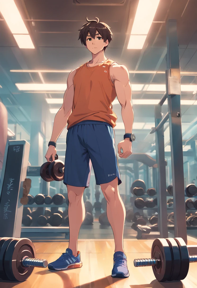 (realistic:1.3), finely detail, quality, rembrandt lighting, (masterpiece:1.2), (photorealistic:1.2), (best quality), (detailed skin:1.3), (detailed detail), dramatic, ray tracing (((male))), (((best quality))), (((masterpiece))), (((American young adult))), (((aesthetic))), ((100 kg)) 20 year old, in the gym, lifting weights, short black shorts no shirt and full body.