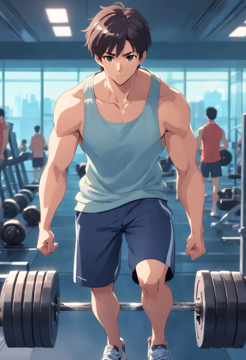 male people　age 30s　asian human　short-haired　Thin macho　traning　trainingwear　Pants Style　training gym　is standing　Dumbell　Dumbbell curls