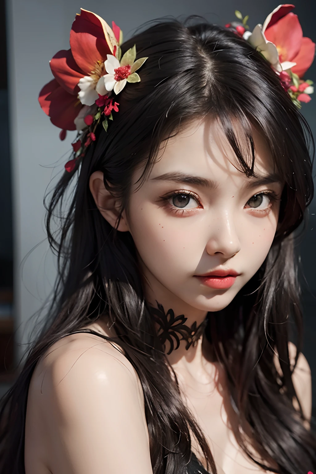 (Best Quality,4K,hight resolution,masutepiece:1.2),Ultra-detailed,Realistic:1.37,3D Rendering,(Beautiful detailed eyes),(Beautiful detailed lips),Long Black Hair,(slender,Toned body),(Seductive yet sophisticated style),Red Eyes,(Sexy Outfit),(Portrait),(Vivid colors),(Studio Lighting),huge tit,smil,Ren Hao,see-through langerie
