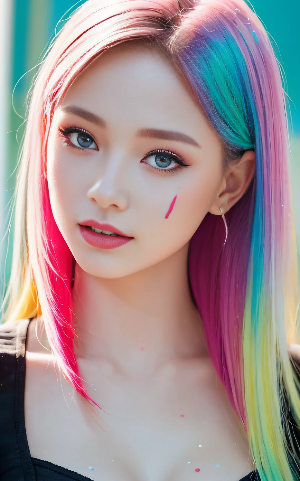 Full body portrait, standing, (colorful fashion ultra-small mini bikini: 1.9), (colorful hair: 1.8), (all colors of the rainbow: 1.8), (vertical: 1.6))), (painting, painting, portrait), cartoon, illustration, painting, large, crystal clear eyes, (rainbow gradient high ponytail: 1.7), exquisite makeup, mouth closed, (small fresh(1.5), (Big: 1.6), long eyelashes, looking at the audience, big watery eyes, (iridescent hair: 1.6), color splash, (solo, :1.8), color splash, color explosion, thick paint style, messy lines, ((sparkling)), (colorful), (colorful), colorful, colorful, chic paint style, (splash) (color splash), vertical painting ,, Paint splash, acrylic pigment, gradient, paint, best quality, best quality, masterpiece, , solo, , depth of field, face paint, colorful clothing, (elegantly: 1.2), gorgeous,long hair, wind, (elegantly: 1.3), (petals: 1.4), (Masterpiece,))))), (Best Quality))), (Ultra detailed))), (Illustration), (Dynamic Angle), ((Floating)), (Paint), (((disheveled hair)), (Solo,), (1 girl), (Detail anima face)))), (Beautiful Detail Face)), Collared, Bare shoulders, White hair, (((Colorful hair)), ((Striped hair)), Beautiful detailed eyes, (Gradient colored eyes), (Colorful eyes)))), ((High Saturation))))) , (((surrounded by colorful splashes))),