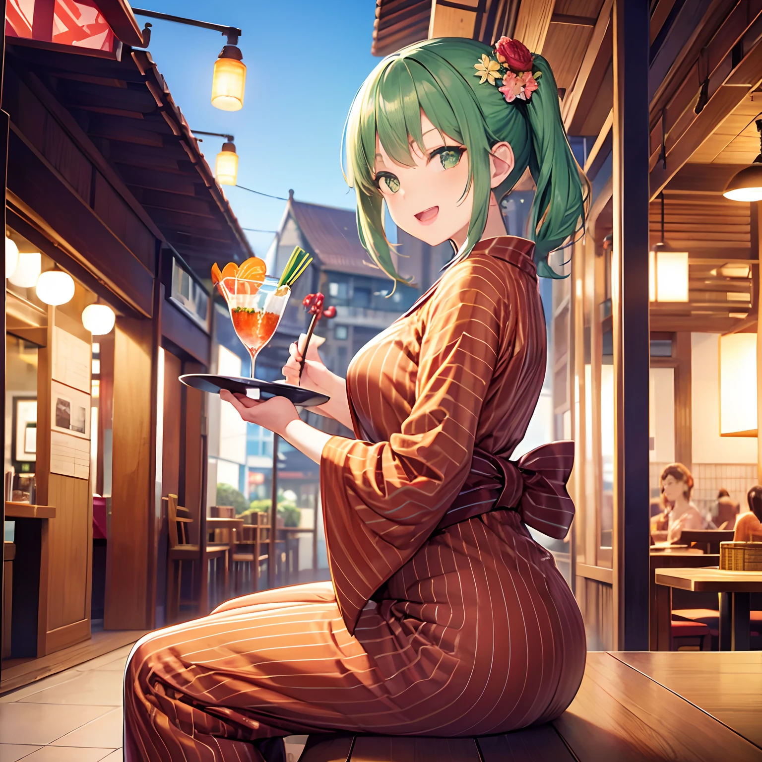 Beautiful pale orange striped pattern kimono,Beautiful crowdy restaurant background,Place the steak dish on the tray,Happy laugh,beautiful 1 woman,cute face,beautiful large green eyes,