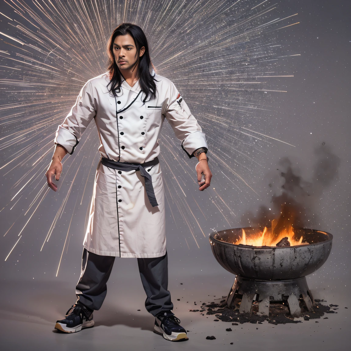 Full body male chef 32K(tmasterpiece,k hd,hyper HD,32K)Long flowing black hair,Camping area,zydink, a color, patriot (canyons), (Linen batik scarf), Angry fighting stance, looking at the ground, Linen bandana, Chinese python pattern long-sleeved garment, (Abstract gouache splash:1.2), Dark clouds lightning background,Flour flies(realisticlying:1.4),Black color hair,Flour fluttering,Background fog, A high resolution, the detail, RAW photogr, Sharp Re, Nikon D850 Film Stock Photo by Jefferies Lee 4 Kodak Portra 400 Camera F1.6 shots, Rich colors, ultra-realistic vivid textures, Dramatic lighting, Unreal Engine Art Station Trend, cinestir 800,Flowing black hair,(((Male chef))),irate,