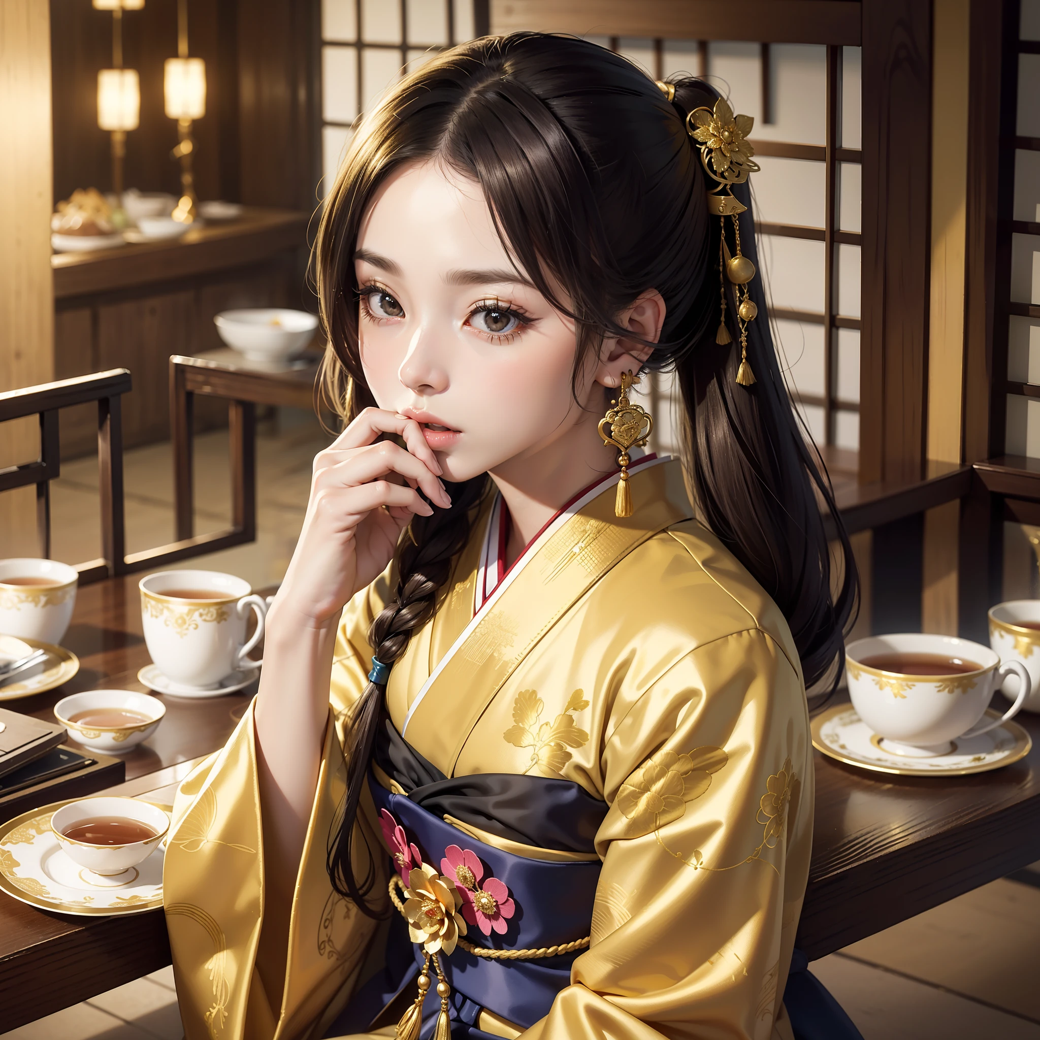 Detailed background(tea shop(The cityscape of Kyoto seen outside the window)),Laid on the table(a cake).Hold it in your right hand(cups&saucer),BREAK,Put it in your mouth(a cake),BREAK,elaborate costume{Luxury kimono(Colorful kimono(Detailed golden embroidery,))}、(Japanese Idol(actress):1.2)(face perfect:1.2),Depicting a beautiful and classy adult woman。glossy dark hair(poneyTail),Heart in the eye。 Wallpapers 16K, .Blur the background with a sickle,((masutepiece)), ((Best Quality)),{{a portrait photo of}},full body Esbian