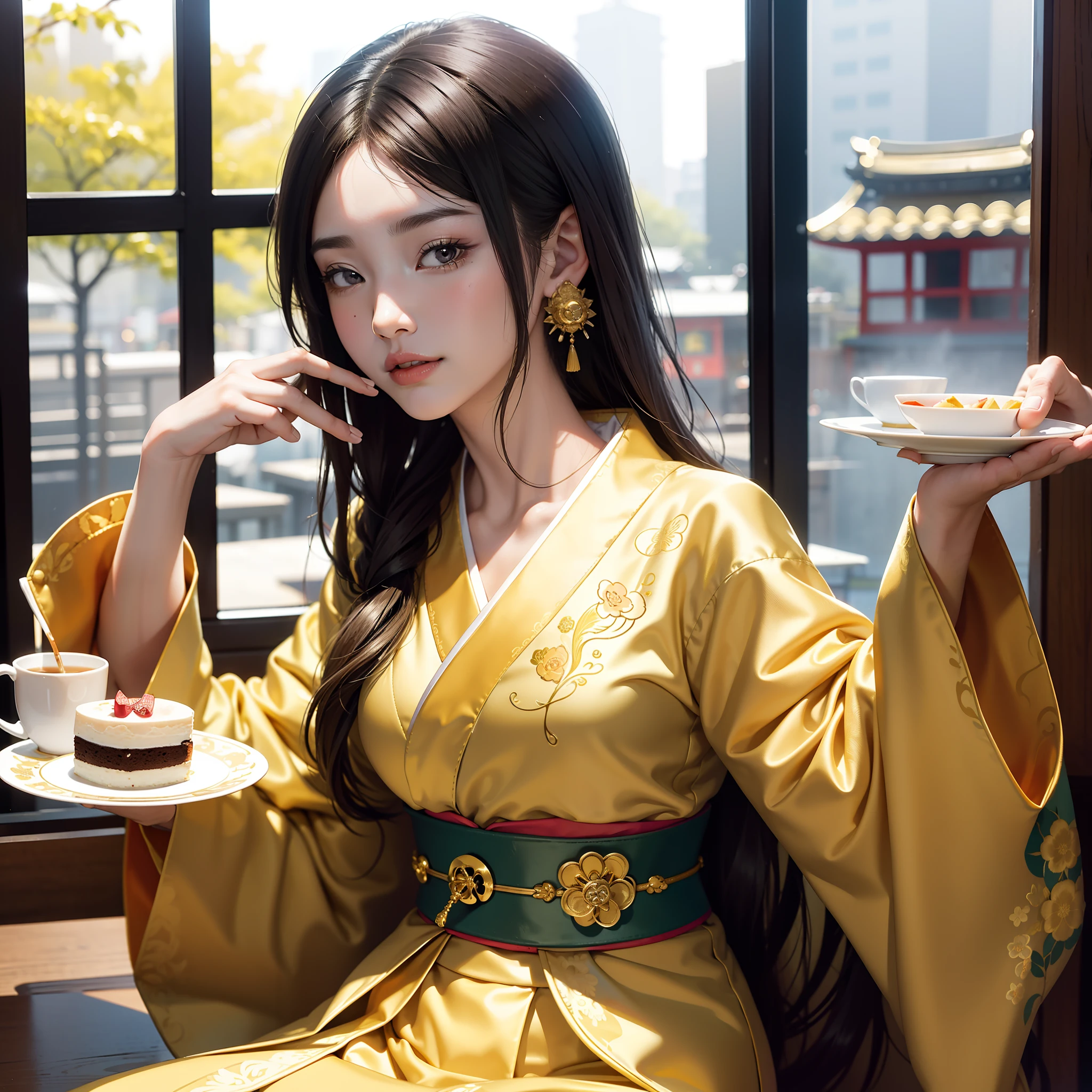 Detailed background(tea shop(The cityscape of Kyoto seen outside the window)),Laid on the table(a cake).Hold it in your right hand(cups&saucer),BREAK,Put it in your mouth(a cake),BREAK,elaborate costume{Luxury kimono(Colorful kimono(Detailed golden embroidery,))}、(Japanese Idol(actress):1.2)(face perfect:1.2),Depicting a beautiful and classy adult woman。glossy dark hair(poneyTail),Heart in the eye。 Wallpapers 16K, .Blur the background with a sickle,((masutepiece)), ((Best Quality)),{{a portrait photo of}},full body Esbian