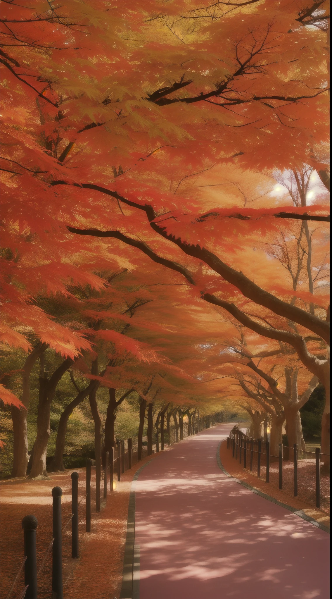 The paths in the park are lined with trees with red leaves, Japanese maple, Bright autumn colors, japan nature, autumn maples, breath - taking beautiful trees, breath-taking beautiful trees, in fall, rich picturesque colors, Vivid colors!, aomori japan, blossoming path to heaven, colorful autumn trees, Beautiful trees, a flaming forest of trees
