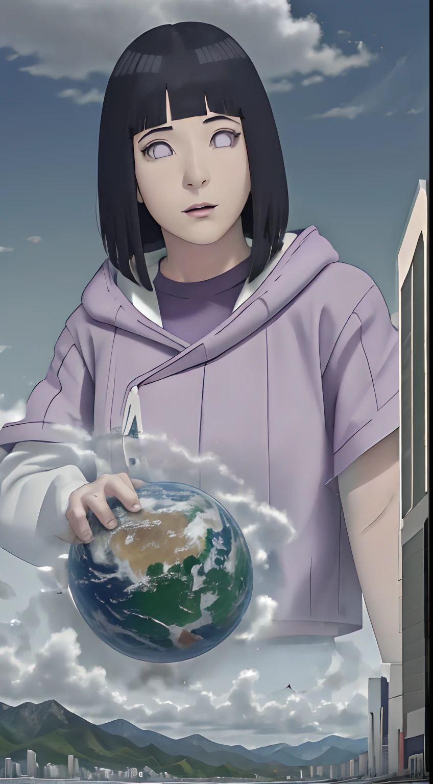 Hinata Hyuga (Naruto),((obra maestra)),Mega giganta chica en el cielo, , entre nubes, Entre Cumulonimbus Cloud,Cumulonimbus Cloud ,alto como las nubes, inminente , GTS, ,Ciudad que se avecina, Rampage, 1girl, obra maestra, La mejor calidad,kawaii, , Altamente detallado, luz del sol, De color,Enfoque de,Vista posterior, obra maestra, La mejor calidad,, Altamente detallado, luz del sol, De color,Destruction,Apocalipsis,Comic girl,chica real,Chica realista,chica real,vista del suelo,Cabello largo, purple eyes, mirada suave, super-realistic, detallado, photo session, Rostro y cuerpo realistas, sexual expression, Alluring expression,Hinata\(Boruto\) Purple Hoodie Brown Pants Black Shirt, delantal