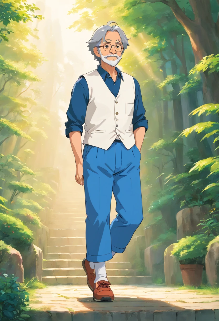 solid background，middle aged man，white vest，Blue pants，Canvas shoes