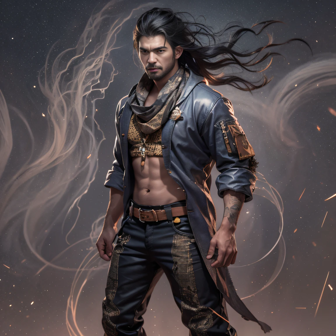 Full body male chef 32K(tmasterpiece,k hd,hyper HD,32K)Long flowing black hair,Camping area,zydink, a color, patriot (canyons), (Linen batik scarf), Angry fighting stance, looking at the ground, Linen bandana, Chinese python pattern long-sleeved garment, (Abstract gouache splash:1.2), Dark clouds lightning background,Flour flies(realisticlying:1.4),Black color hair,Flour fluttering,Background fog, A high resolution, the detail, RAW photogr, Sharp Re, Nikon D850 Film Stock Photo by Jefferies Lee 4 Kodak Portra 400 Camera F1.6 shots, Rich colors, ultra-realistic vivid textures, Dramatic lighting, Unreal Engine Art Station Trend, cinestir 800,Flowing black hair,(((Male chef))),irate,